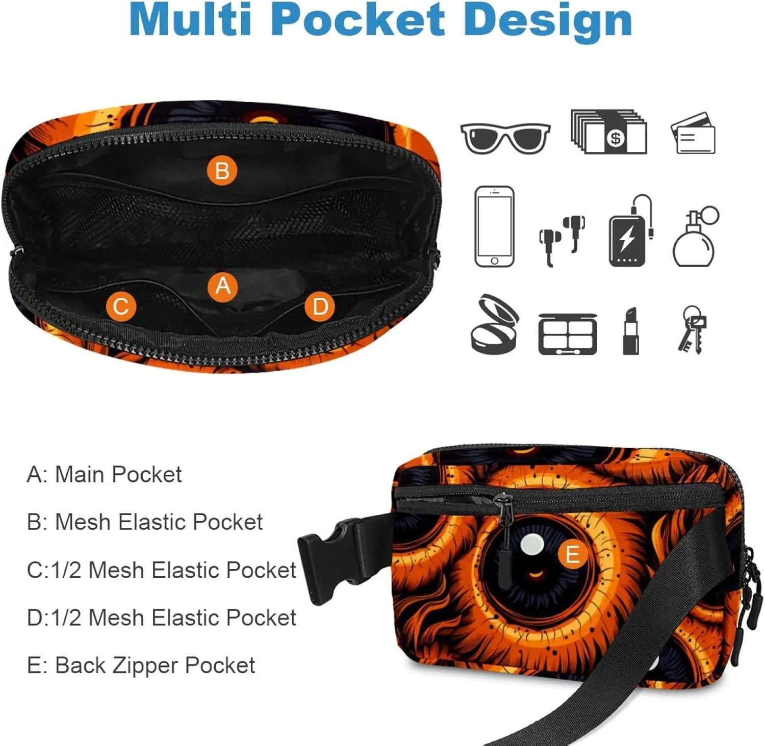 Waterproof Fanny Pack Black Belt Bag with Adjustable Strap for Women and Men,Halloween Eyeball N Crossbody Fanny Bag with Zipper for Hiking Running Travel
