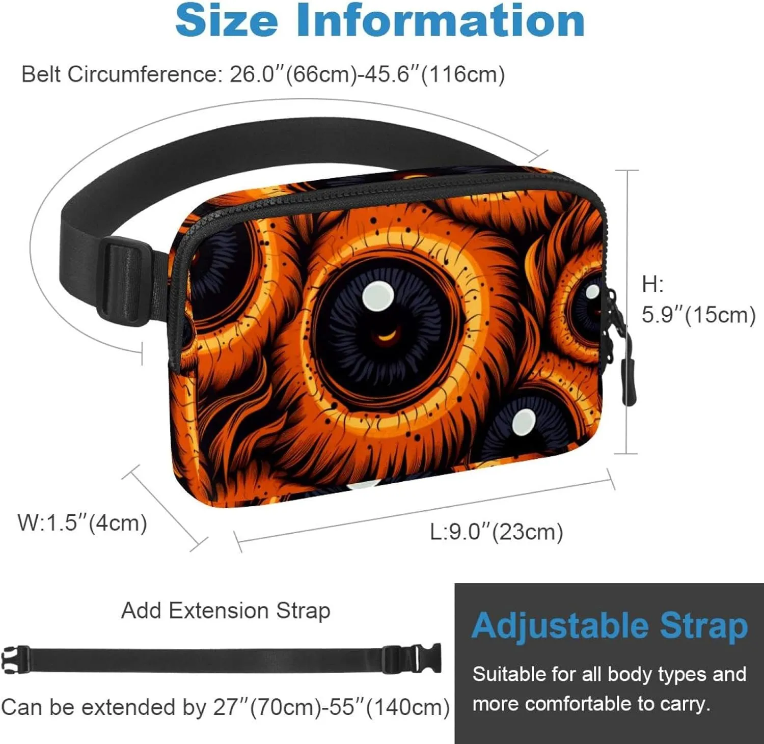 Waterproof Fanny Pack Black Belt Bag with Adjustable Strap for Women and Men,Halloween Eyeball N Crossbody Fanny Bag with Zipper for Hiking Running Travel