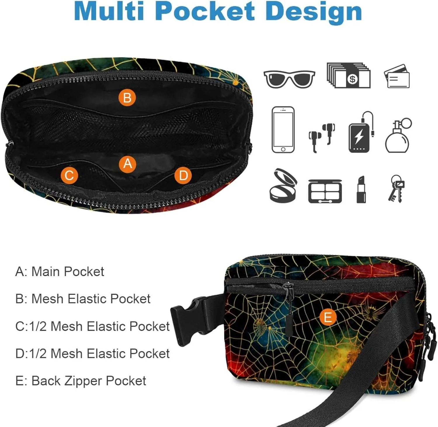 Waterproof Fanny Pack Black Belt Bag with Adjustable Strap for Women and Men,Halloween Spider Web C Crossbody Fanny Bag with Zipper for Hiking Running Travel