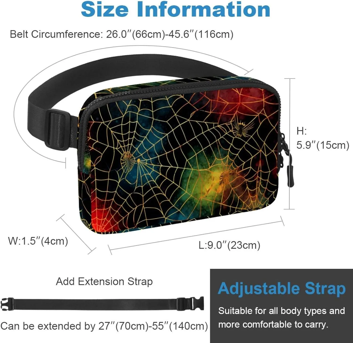 Waterproof Fanny Pack Black Belt Bag with Adjustable Strap for Women and Men,Halloween Spider Web C Crossbody Fanny Bag with Zipper for Hiking Running Travel