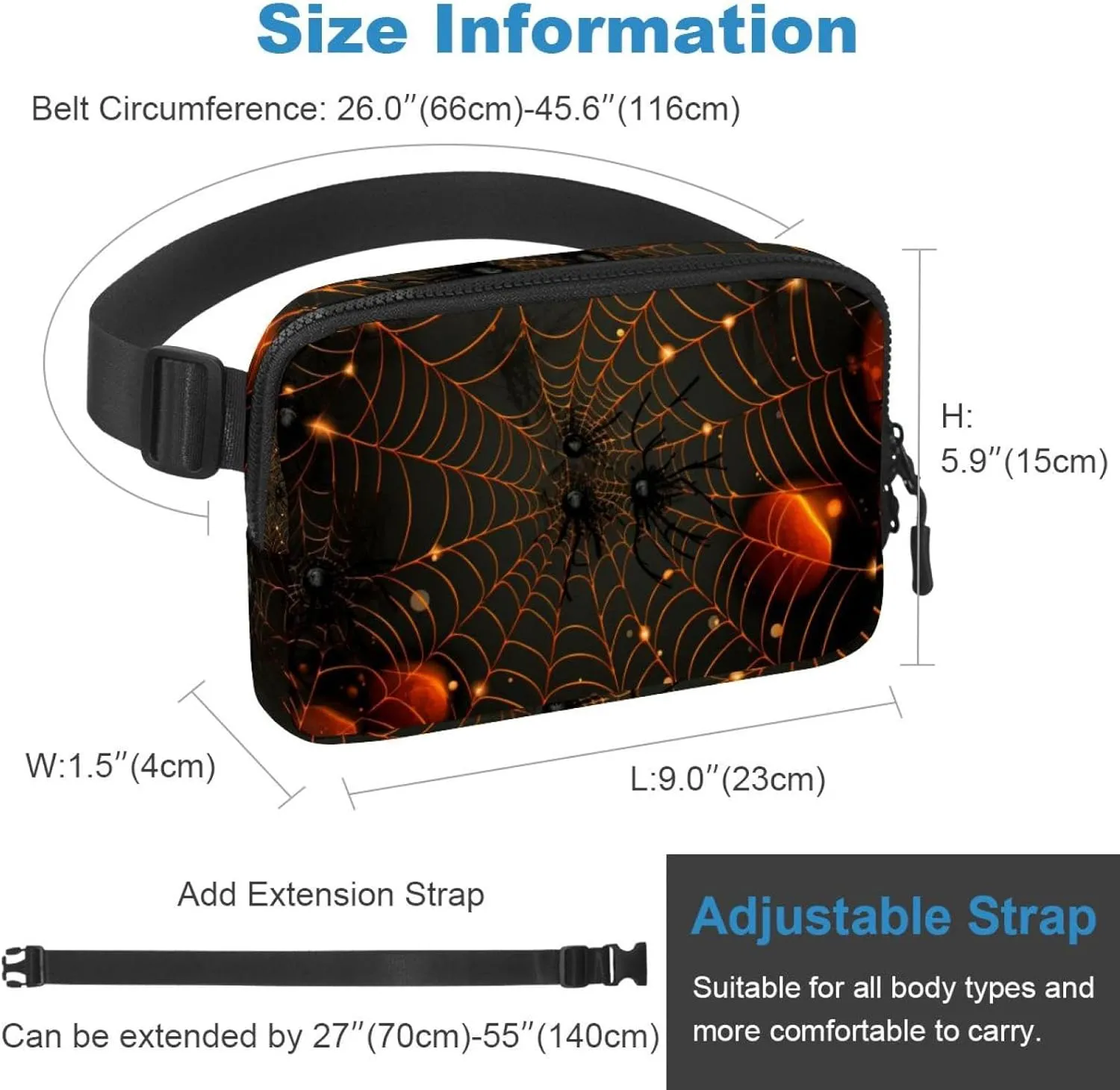 Waterproof Fanny Pack Black Belt Bag with Adjustable Strap for Women and Men,Halloween Spider Web Crossbody Fanny Bag with Zipper for Hiking Running Travel