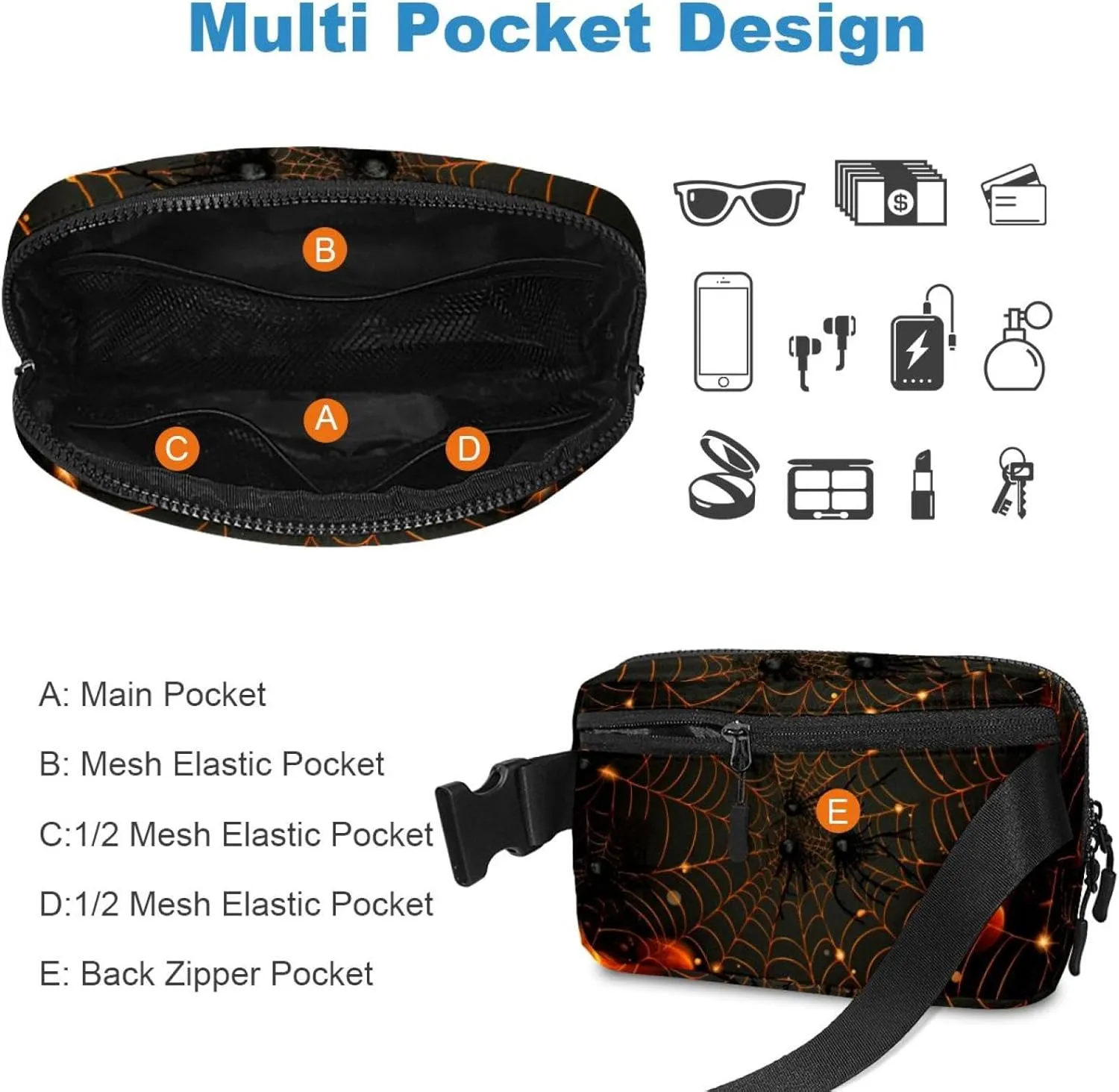 Waterproof Fanny Pack Black Belt Bag with Adjustable Strap for Women and Men,Halloween Spider Web Crossbody Fanny Bag with Zipper for Hiking Running Travel