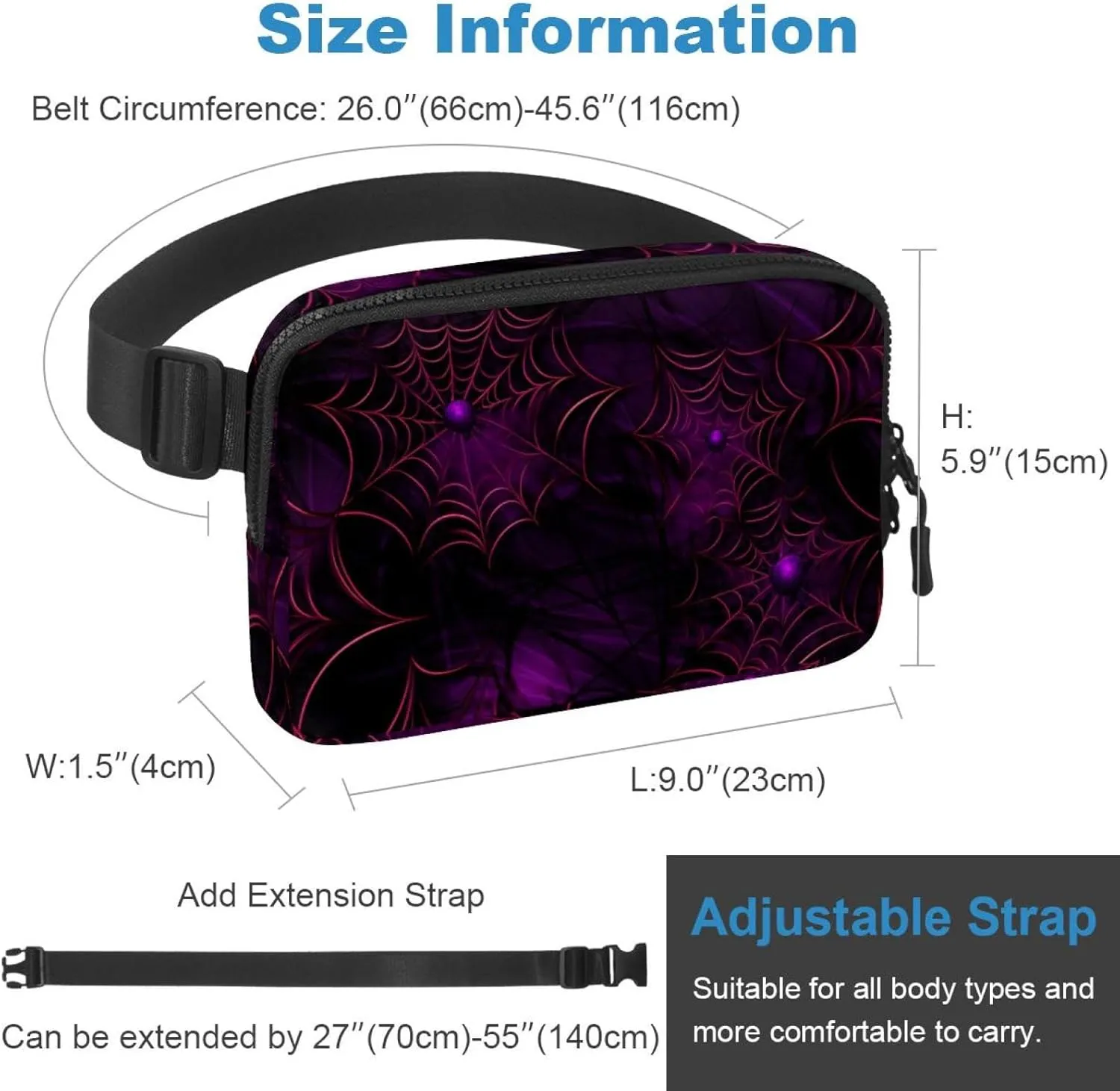 Waterproof Fanny Pack Black Belt Bag with Adjustable Strap for Women and Men,Halloween Spider Web D Crossbody Fanny Bag with Zipper for Hiking Running Travel