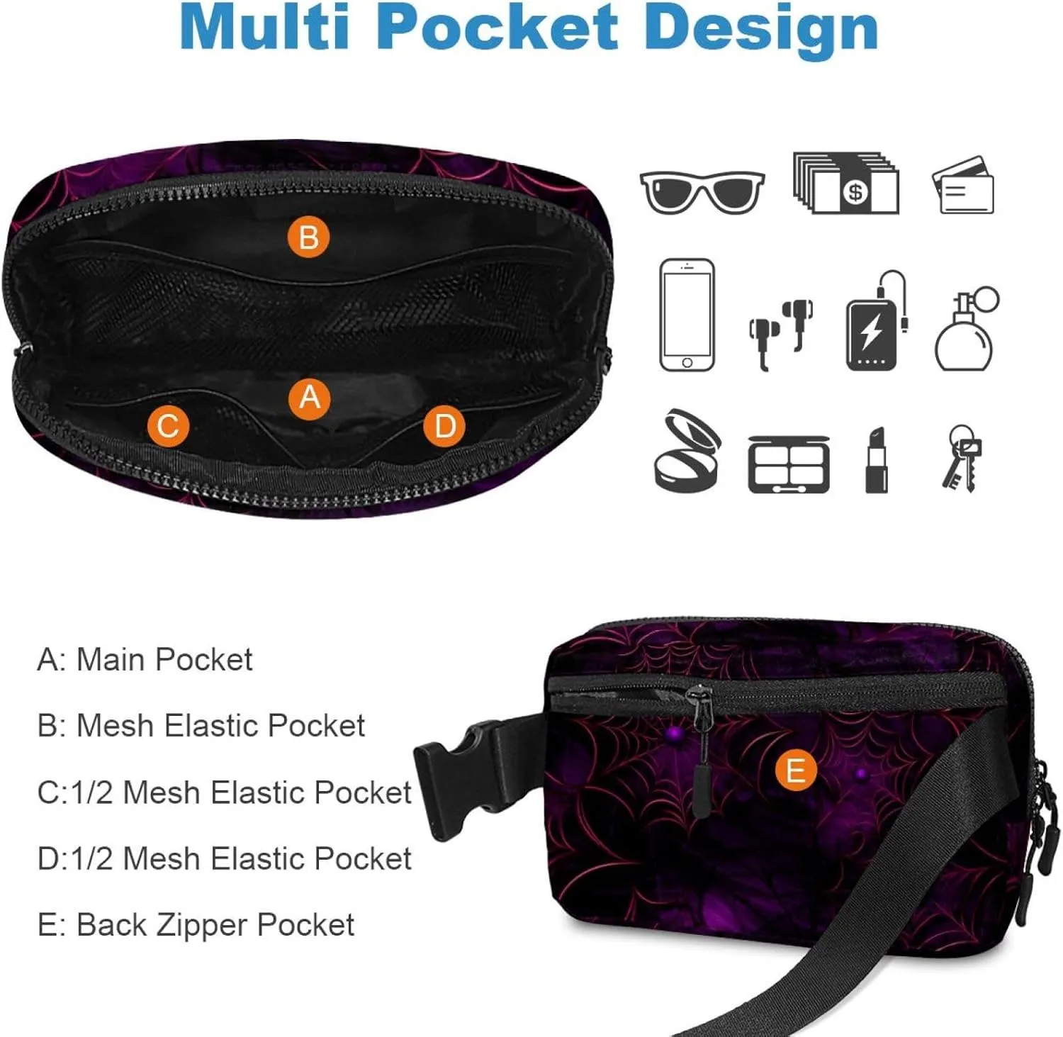 Waterproof Fanny Pack Black Belt Bag with Adjustable Strap for Women and Men,Halloween Spider Web D Crossbody Fanny Bag with Zipper for Hiking Running Travel