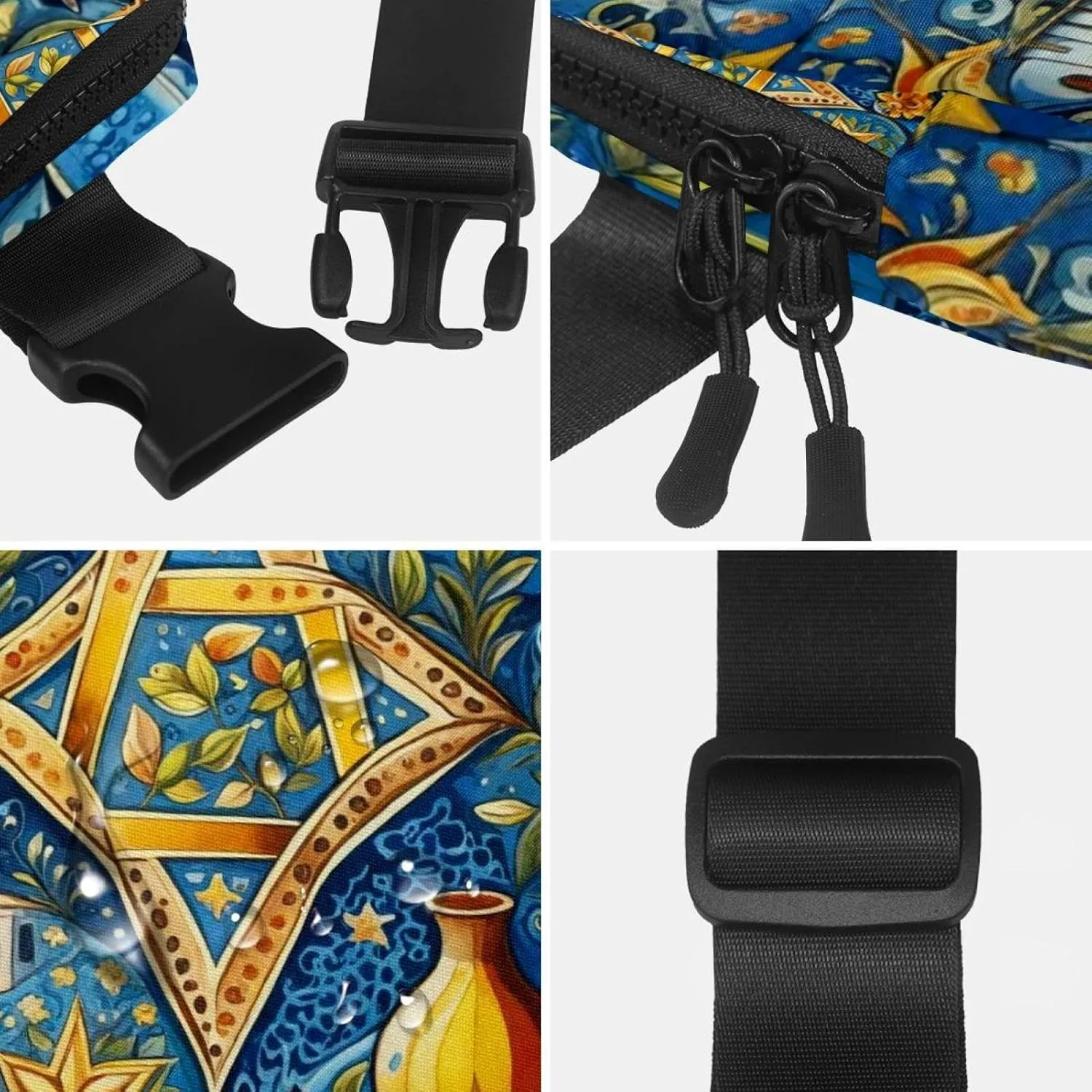 Waterproof Fanny Pack Black Belt Bag with Adjustable Strap for Women and Men,Jewish Culture Pattern Crossbody Fanny Bag with Zipper for Hiking Running Travel