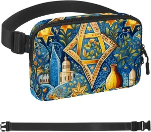 Waterproof Fanny Pack Black Belt Bag with Adjustable Strap for Women and Men,Jewish Culture Pattern Crossbody Fanny Bag with Zipper for Hiking Running Travel