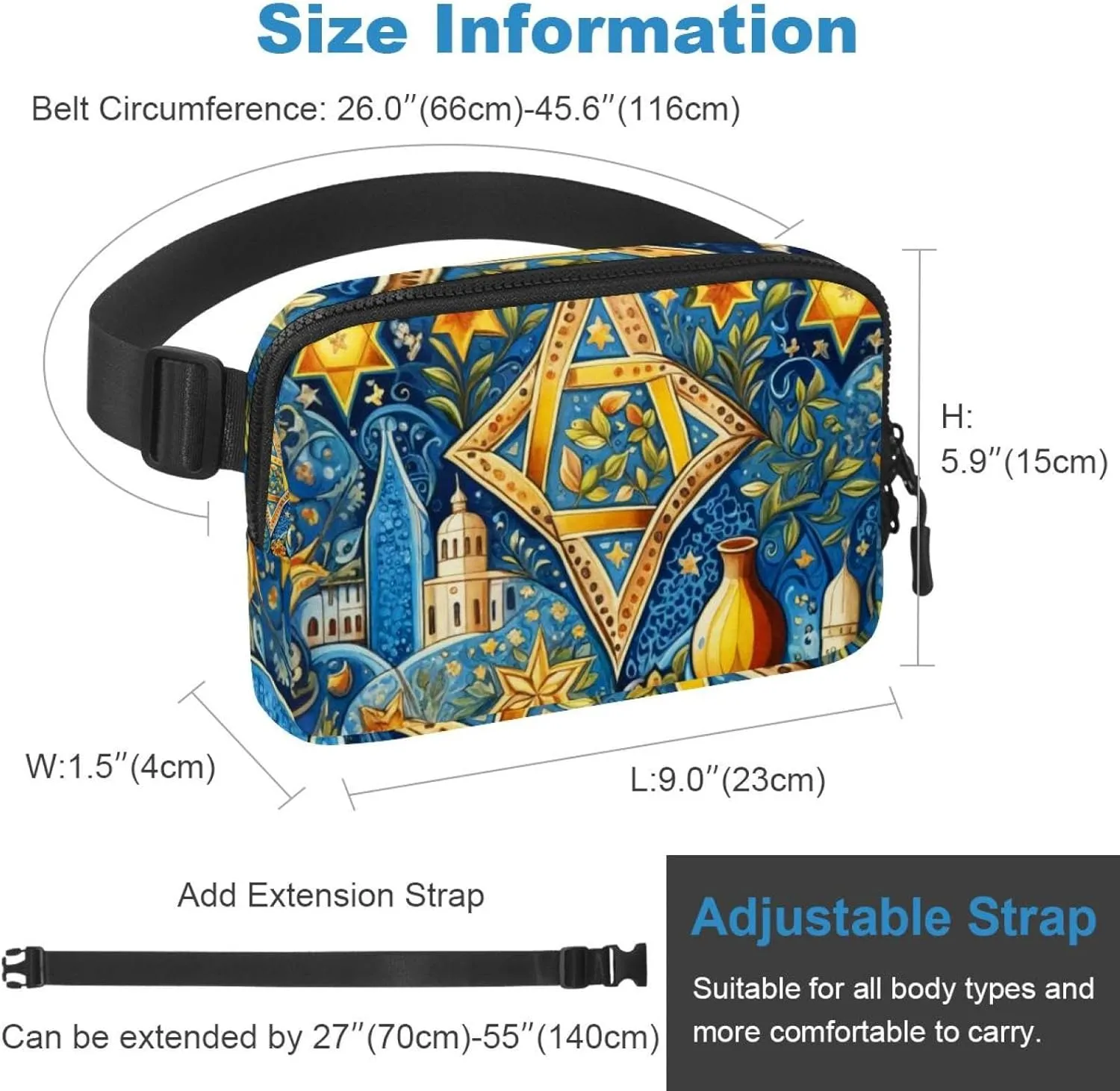 Waterproof Fanny Pack Black Belt Bag with Adjustable Strap for Women and Men,Jewish Culture Pattern Crossbody Fanny Bag with Zipper for Hiking Running Travel