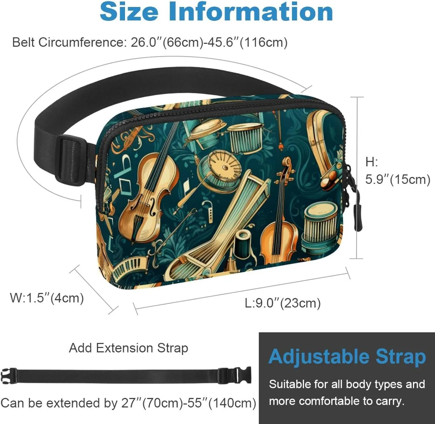 Waterproof Fanny Pack Black Belt Bag with Adjustable Strap for Women and Men,Musical Instruments Crossbody Fanny Bag with Zipper for Hiking Running Travel