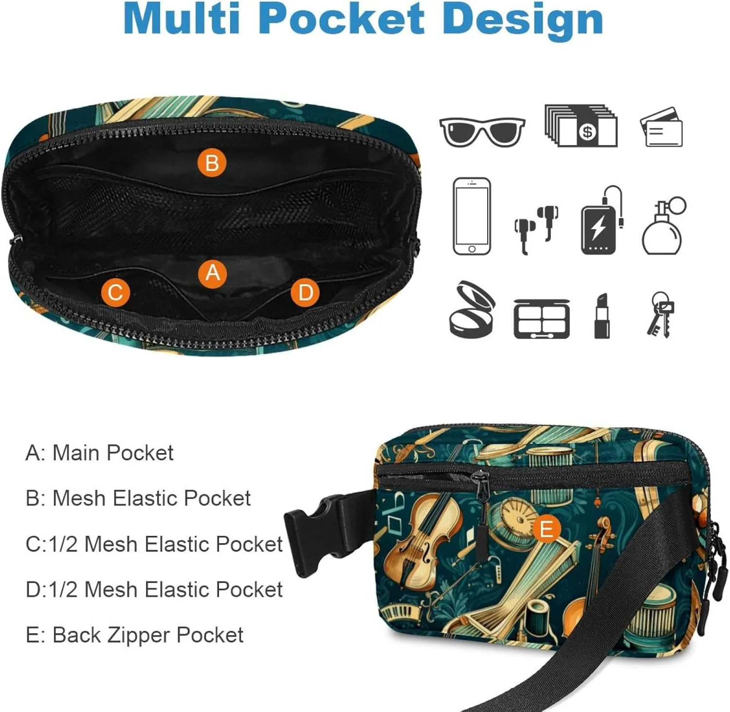 Waterproof Fanny Pack Black Belt Bag with Adjustable Strap for Women and Men,Musical Instruments Crossbody Fanny Bag with Zipper for Hiking Running Travel