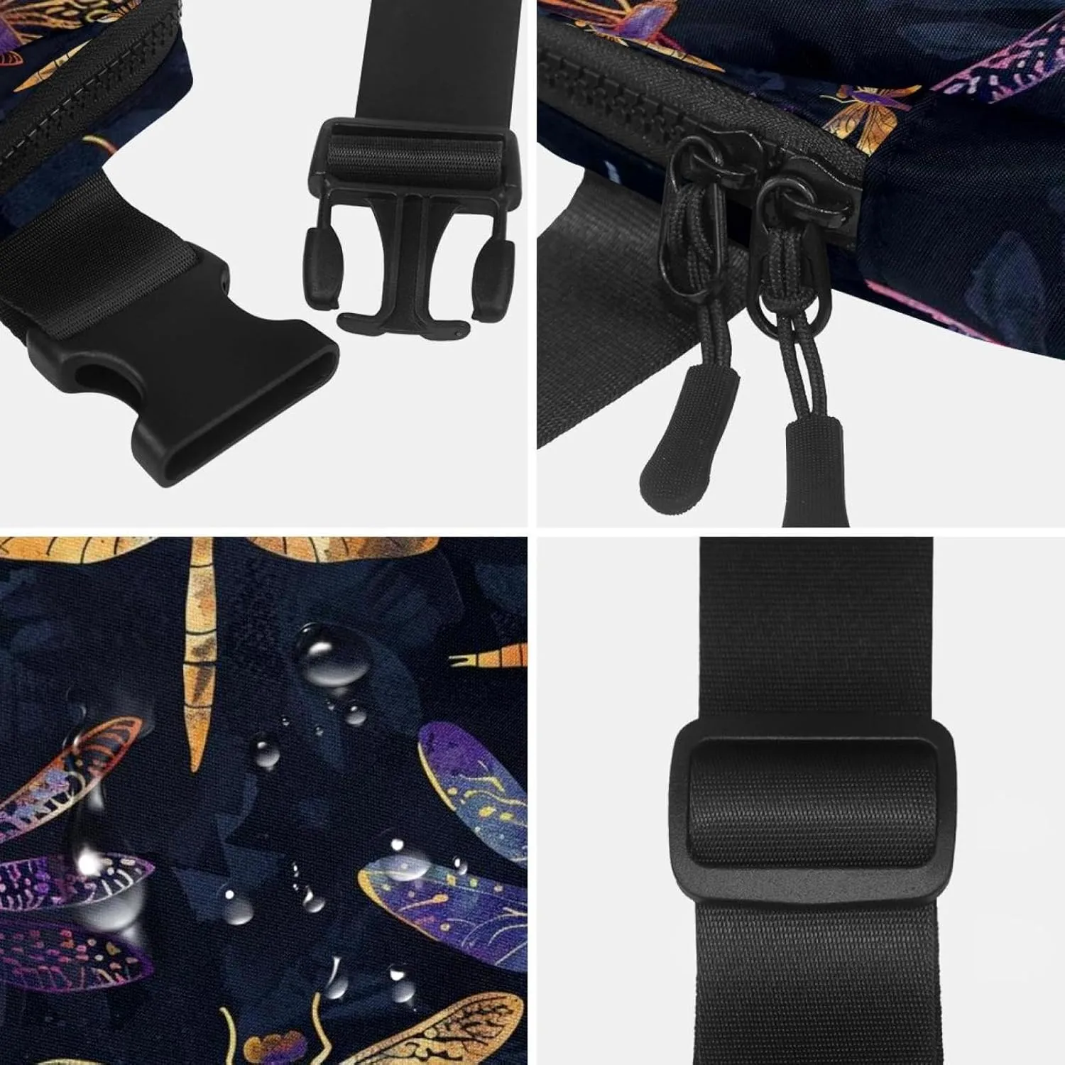 Waterproof Fanny Pack Black Belt Bag with Adjustable Strap for Women and Men,Purple Dragonfly Pattern Crossbody Fanny Bag with Zipper for Hiking Running Travel