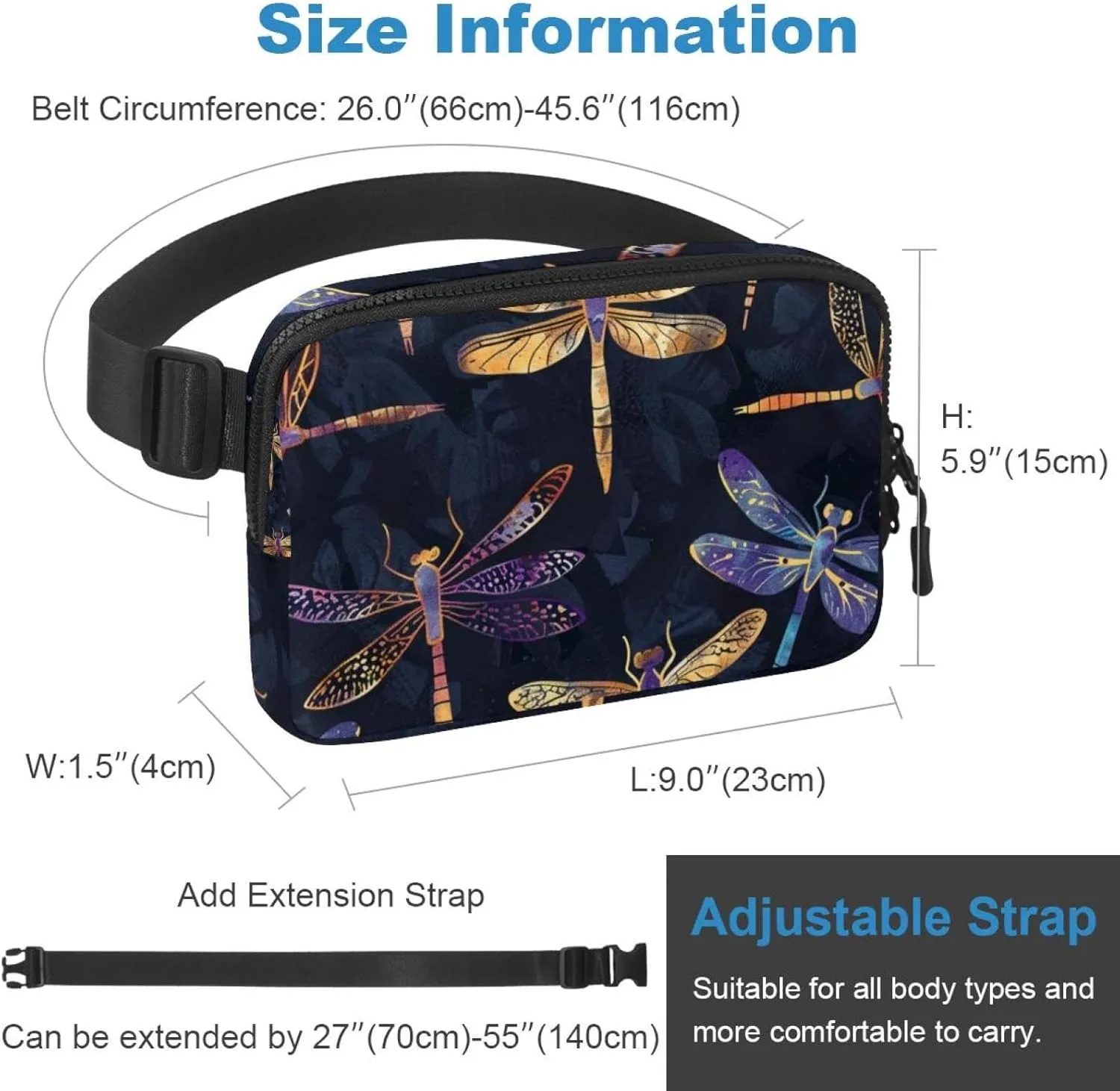 Waterproof Fanny Pack Black Belt Bag with Adjustable Strap for Women and Men,Purple Dragonfly Pattern Crossbody Fanny Bag with Zipper for Hiking Running Travel