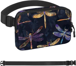 Waterproof Fanny Pack Black Belt Bag with Adjustable Strap for Women and Men,Purple Dragonfly Pattern Crossbody Fanny Bag with Zipper for Hiking Running Travel