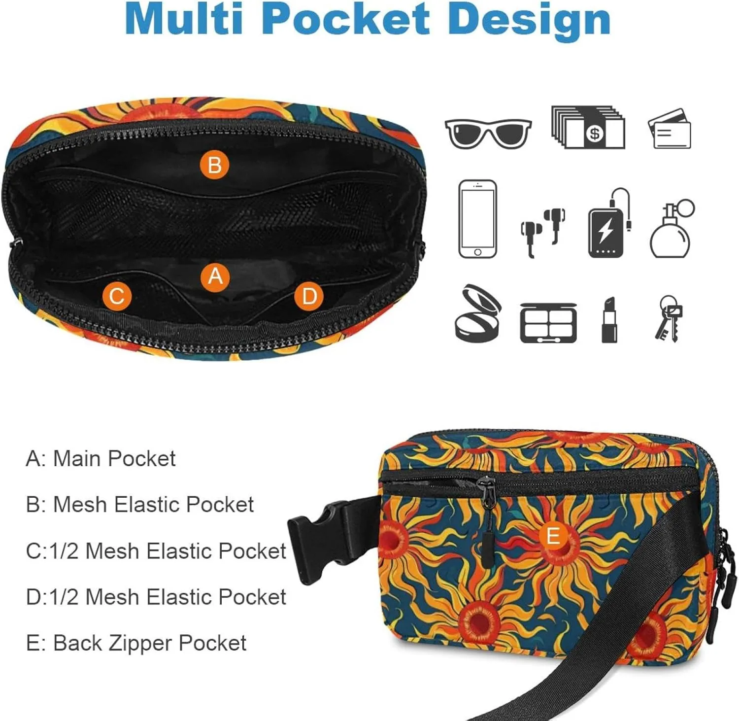 Waterproof Fanny Pack Black Belt Bag with Adjustable Strap for Women and Men,Red Sun Pattern Crossbody Fanny Bag with Zipper for Hiking Running Travel