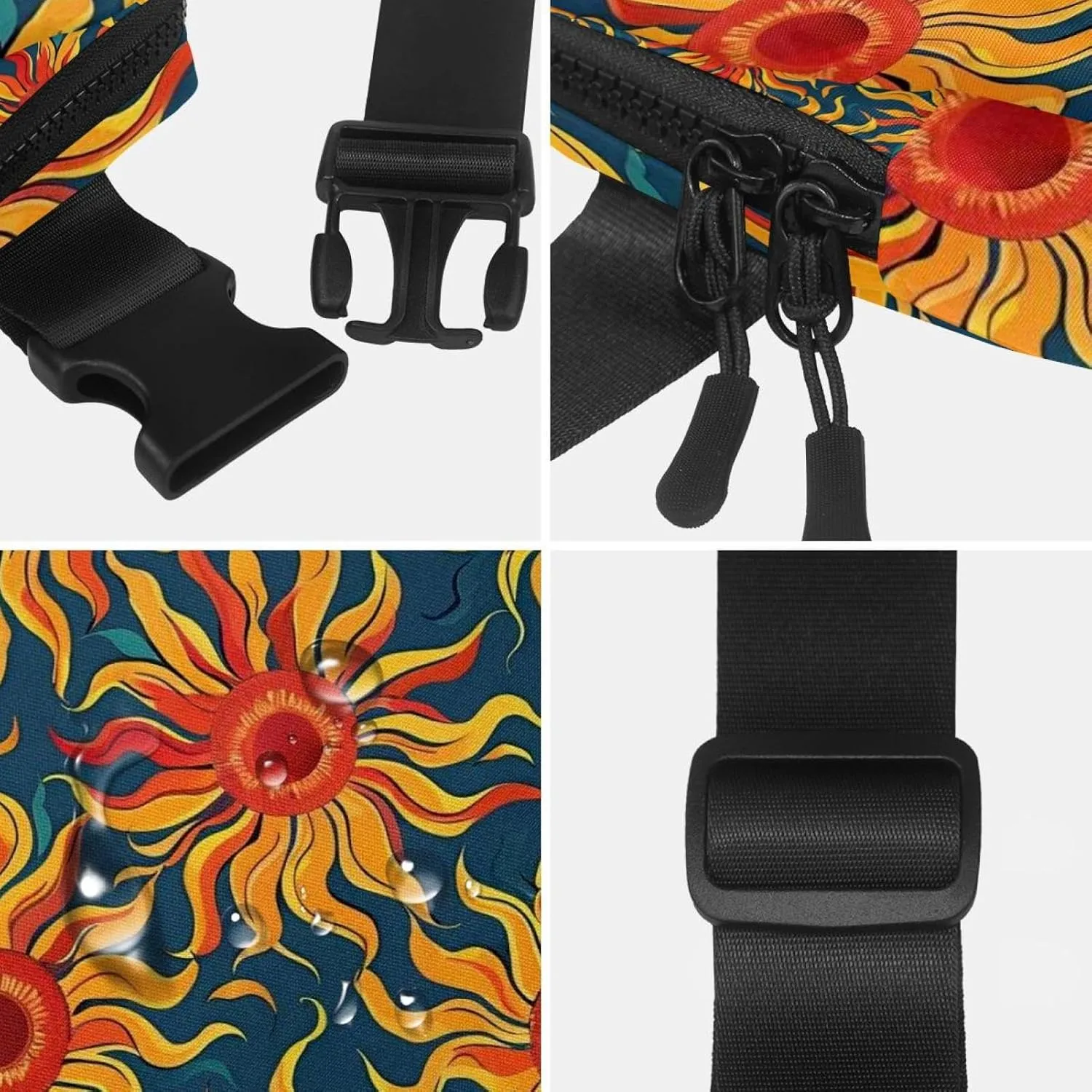 Waterproof Fanny Pack Black Belt Bag with Adjustable Strap for Women and Men,Red Sun Pattern Crossbody Fanny Bag with Zipper for Hiking Running Travel
