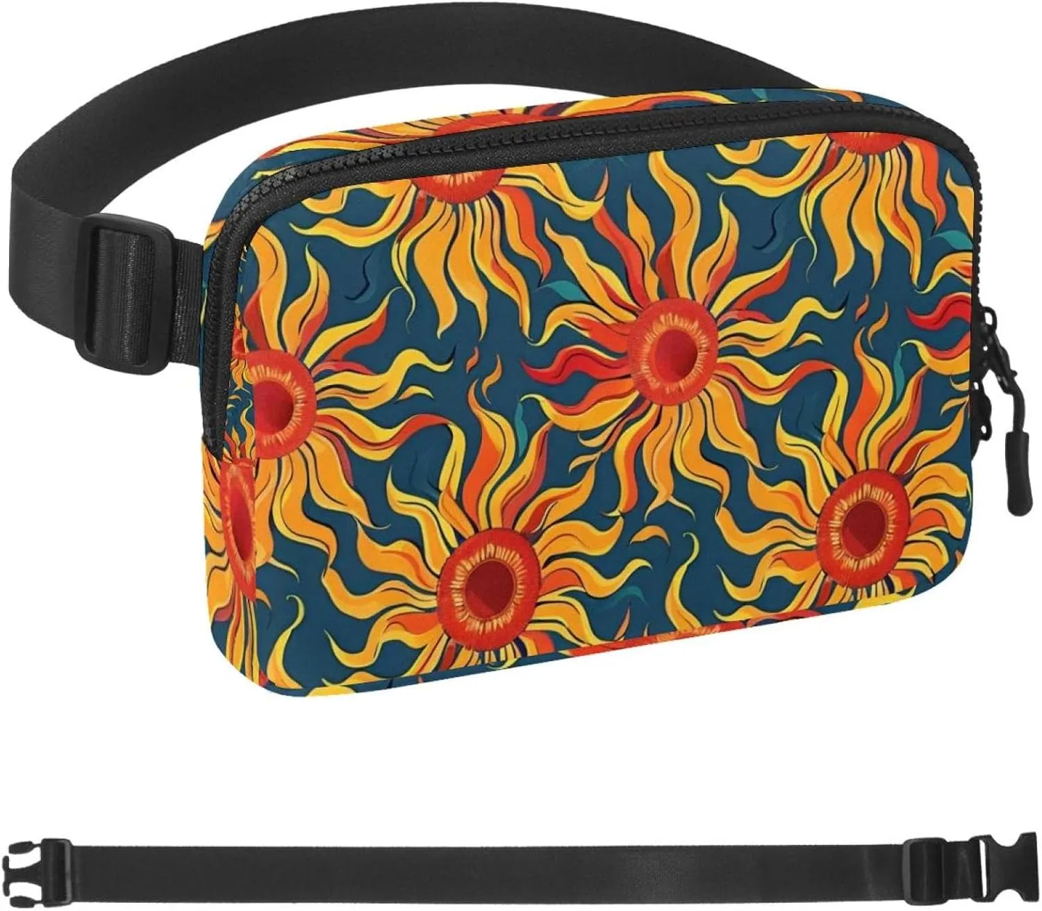 Waterproof Fanny Pack Black Belt Bag with Adjustable Strap for Women and Men,Red Sun Pattern Crossbody Fanny Bag with Zipper for Hiking Running Travel