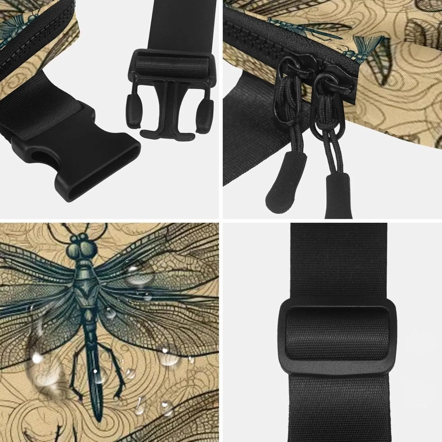 Waterproof Fanny Pack Black Belt Bag with Adjustable Strap for Women and Men,Retro Dragonfly Pattern Crossbody Fanny Bag with Zipper for Hiking Running Travel
