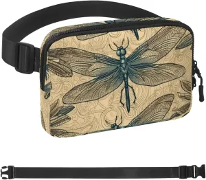 Waterproof Fanny Pack Black Belt Bag with Adjustable Strap for Women and Men,Retro Dragonfly Pattern Crossbody Fanny Bag with Zipper for Hiking Running Travel