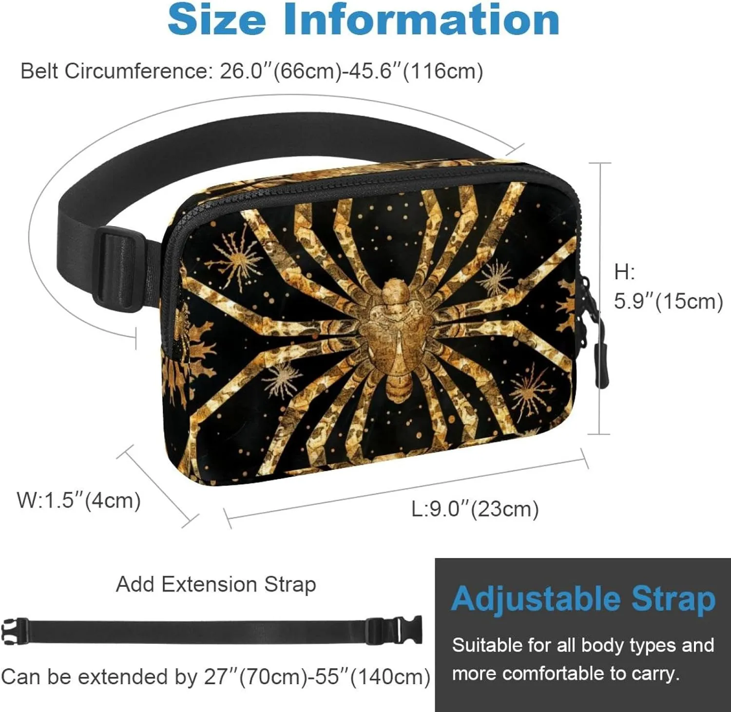 Waterproof Fanny Pack Black Belt Bag with Adjustable Strap for Women and Men,Retro Spider Crossbody Fanny Bag with Zipper for Hiking Running Travel
