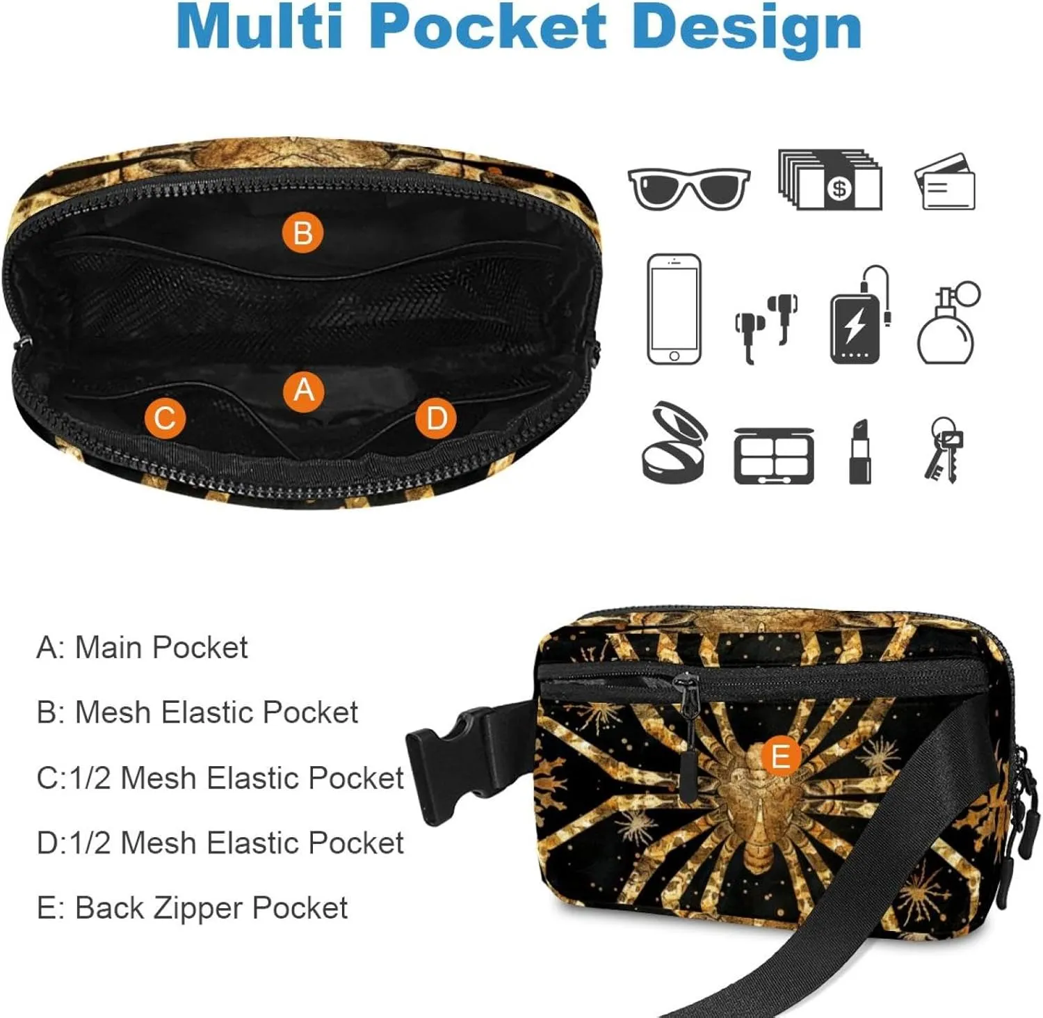 Waterproof Fanny Pack Black Belt Bag with Adjustable Strap for Women and Men,Retro Spider Crossbody Fanny Bag with Zipper for Hiking Running Travel