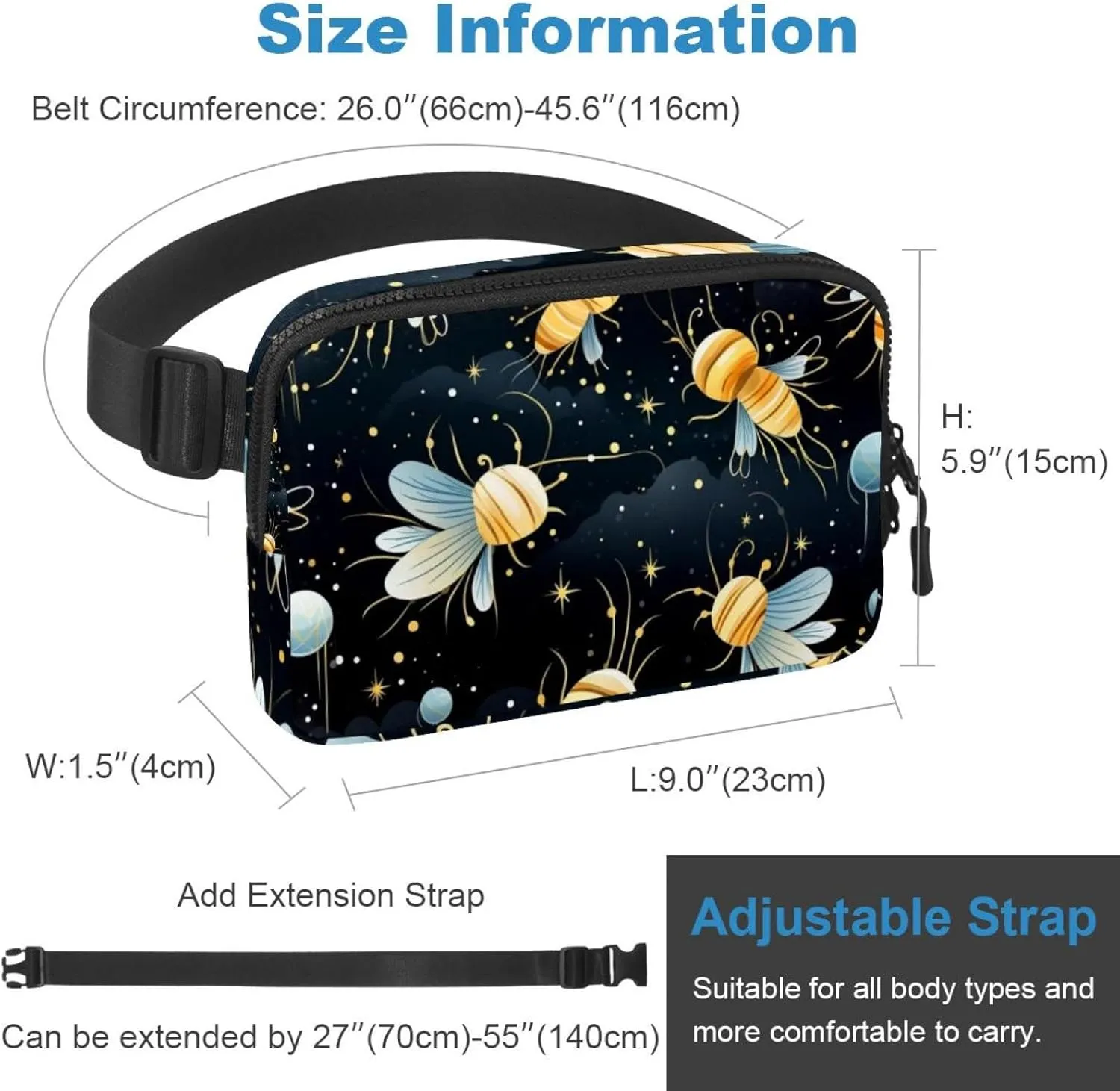 Waterproof Fanny Pack Black Belt Bag with Adjustable Strap for Women and Men,Star Bee Pattern Crossbody Fanny Bag with Zipper for Hiking Running Travel