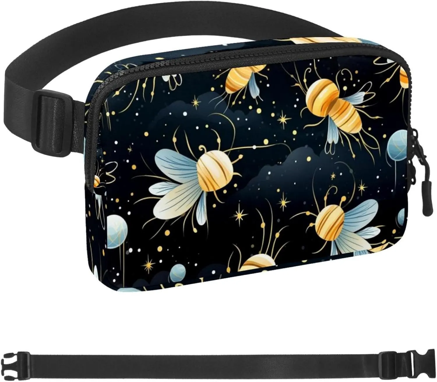 Waterproof Fanny Pack Black Belt Bag with Adjustable Strap for Women and Men,Star Bee Pattern Crossbody Fanny Bag with Zipper for Hiking Running Travel