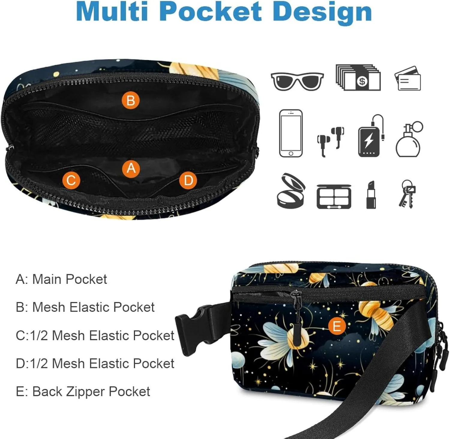 Waterproof Fanny Pack Black Belt Bag with Adjustable Strap for Women and Men,Star Bee Pattern Crossbody Fanny Bag with Zipper for Hiking Running Travel