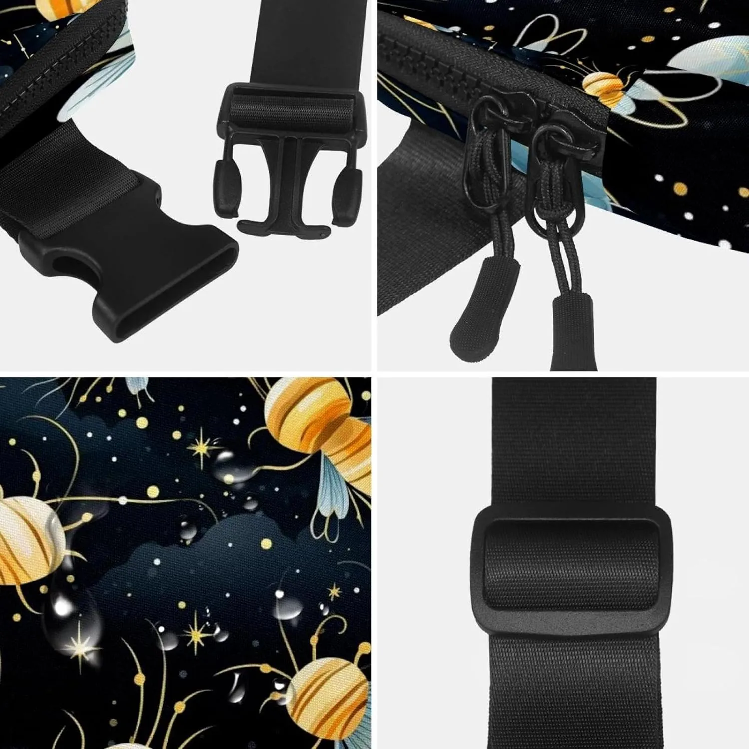 Waterproof Fanny Pack Black Belt Bag with Adjustable Strap for Women and Men,Star Bee Pattern Crossbody Fanny Bag with Zipper for Hiking Running Travel