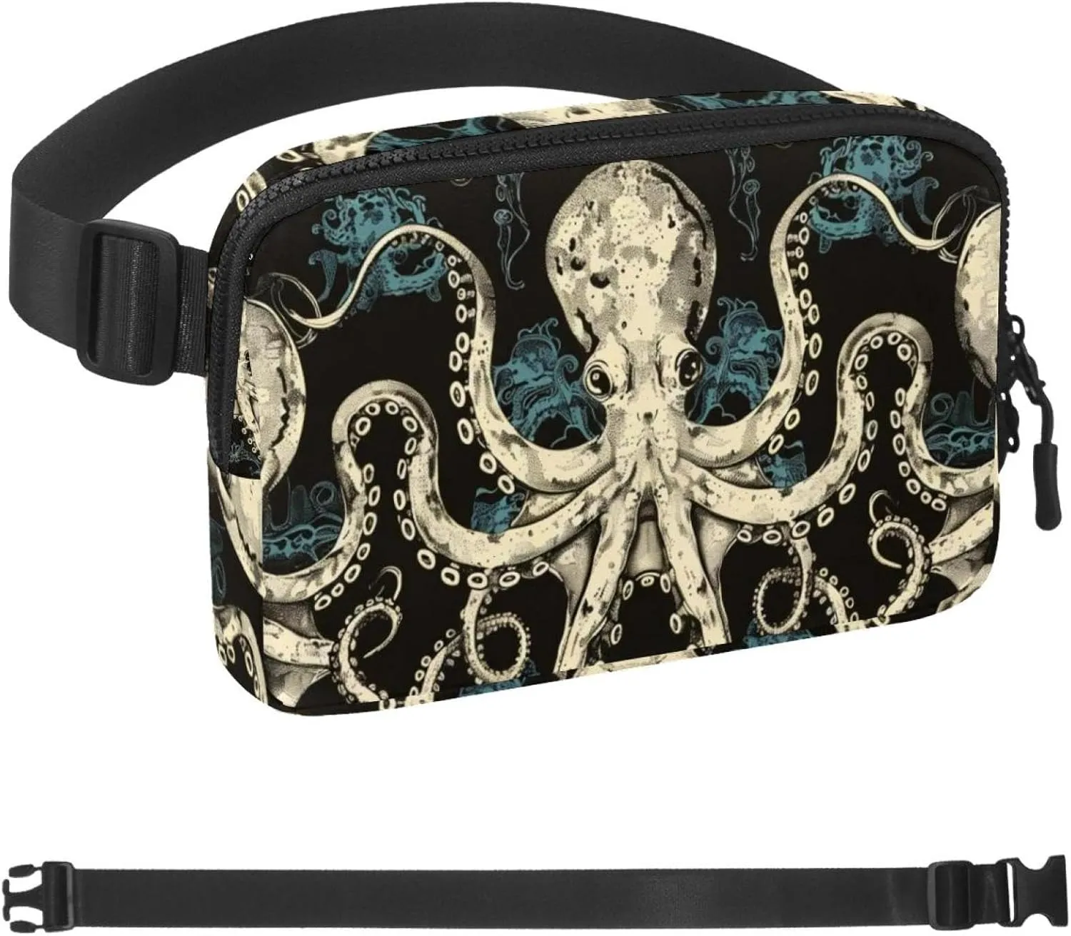 Waterproof Fanny Pack Black Belt Bag with Adjustable Strap for Women and Men,Vintage Octopus Crossbody Fanny Bag with Zipper for Hiking Running Travel