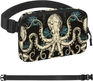 Waterproof Fanny Pack Black Belt Bag with Adjustable Strap for Women and Men,Vintage Octopus Crossbody Fanny Bag with Zipper for Hiking Running Travel