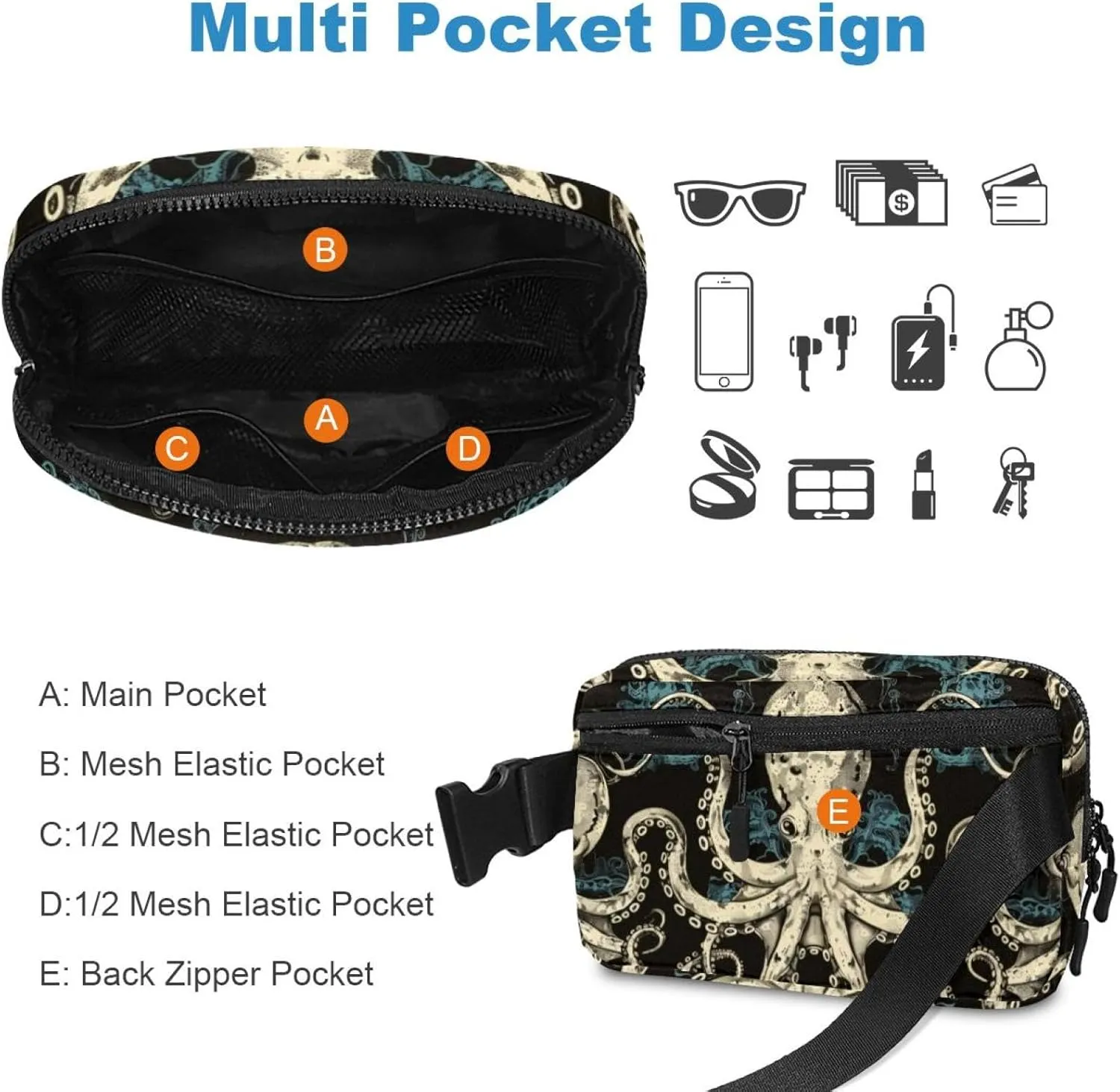 Waterproof Fanny Pack Black Belt Bag with Adjustable Strap for Women and Men,Vintage Octopus Crossbody Fanny Bag with Zipper for Hiking Running Travel