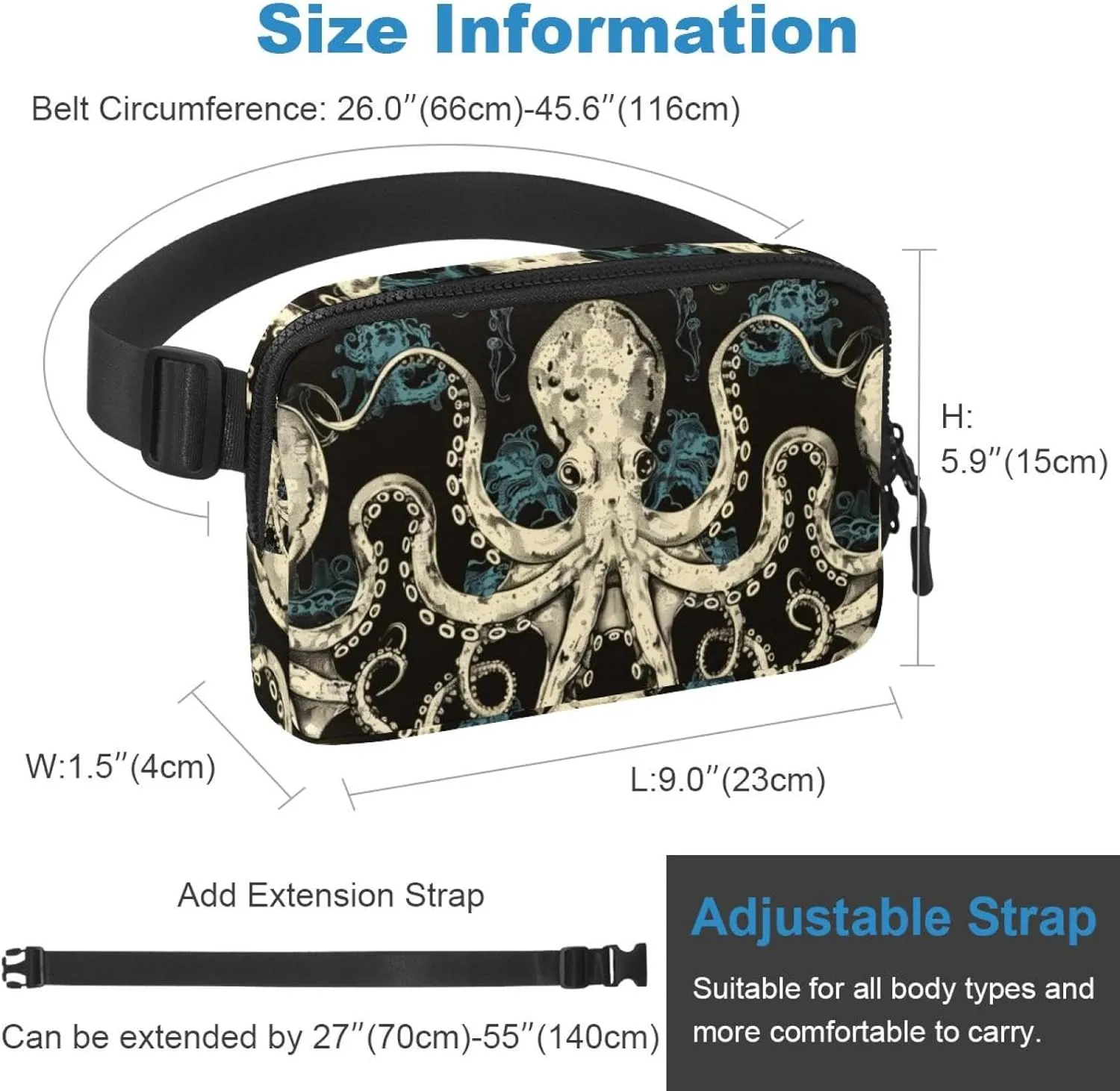 Waterproof Fanny Pack Black Belt Bag with Adjustable Strap for Women and Men,Vintage Octopus Crossbody Fanny Bag with Zipper for Hiking Running Travel