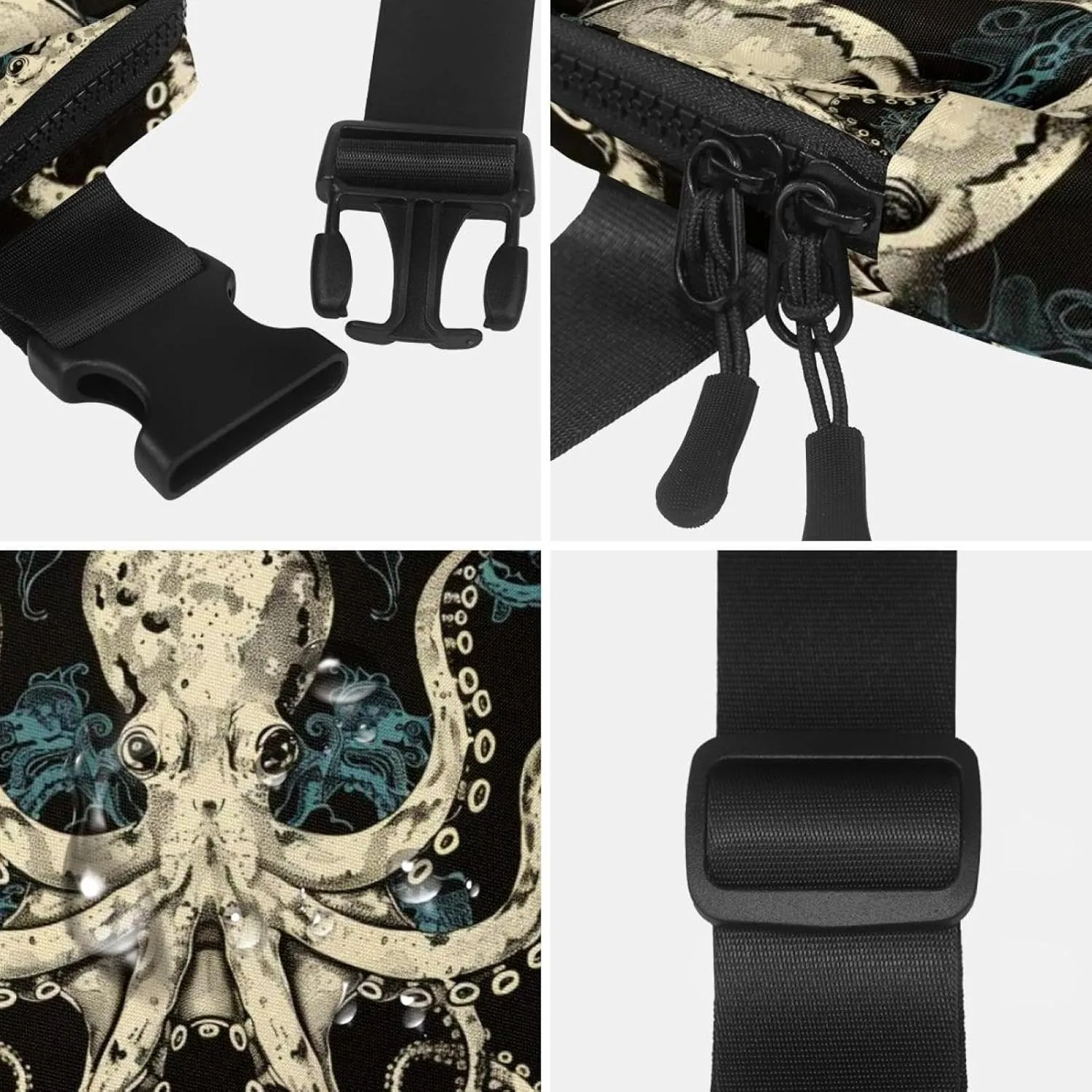 Waterproof Fanny Pack Black Belt Bag with Adjustable Strap for Women and Men,Vintage Octopus Crossbody Fanny Bag with Zipper for Hiking Running Travel