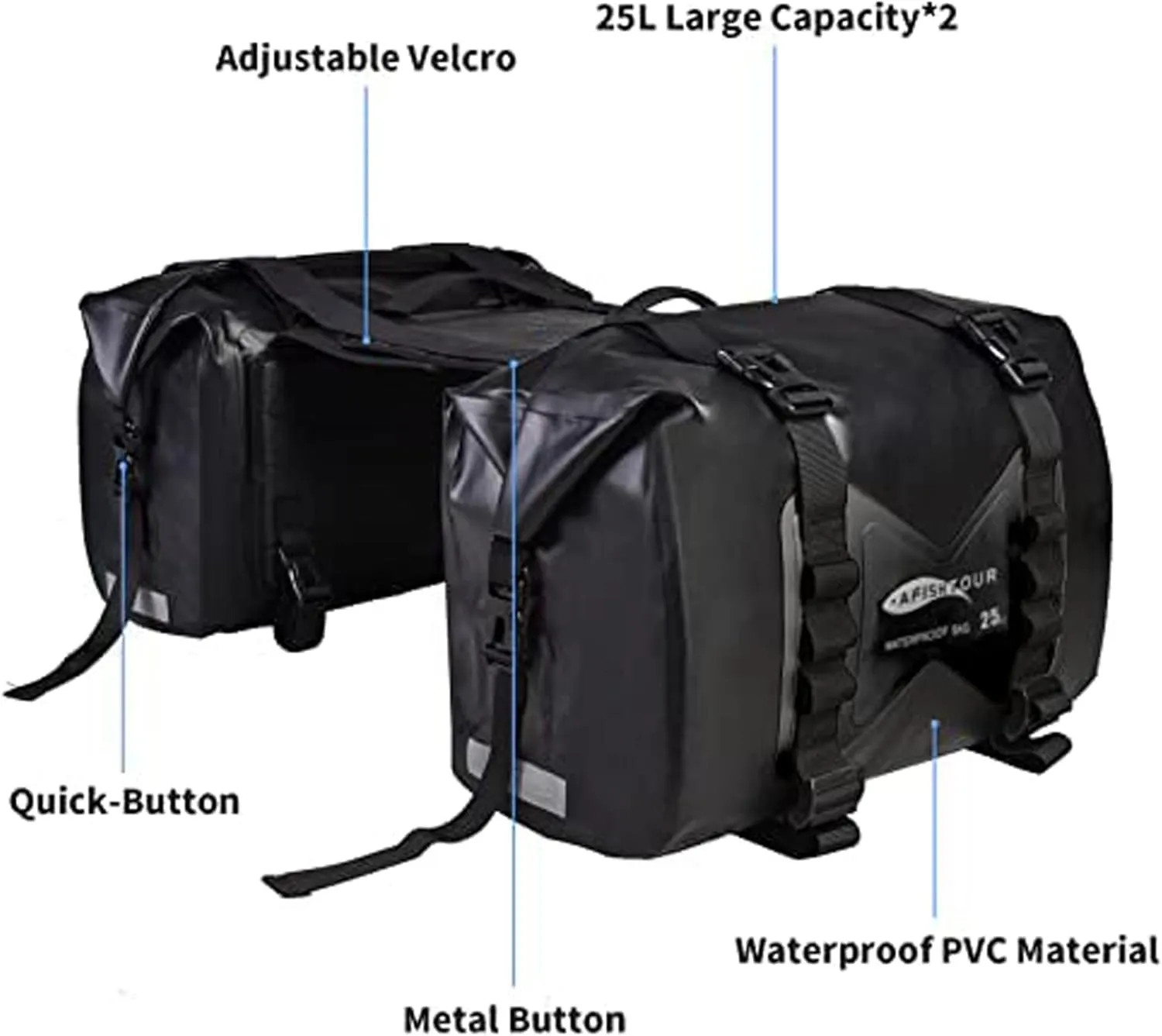 Waterproof Motorcycle Saddlebags - 50L Motorcycle Luggage Bags for Motorbike Travel - Detachable Panniers Bags - For Scooter, Honda, Suzuki, Yamaha (Black, 2 Pack)