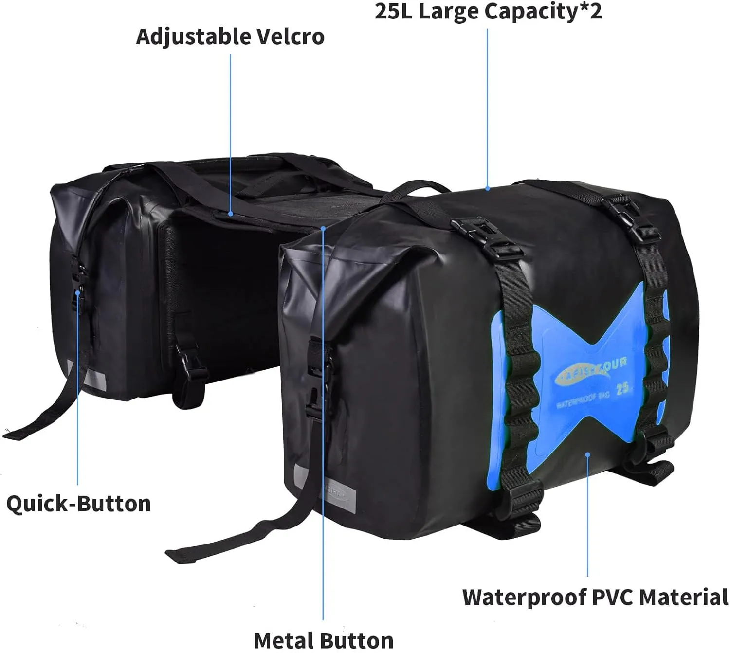 Waterproof Motorcycle Saddlebags - 50L Motorcycle Luggage Bags for Motorbike Travel - Motorcycle Panniers Bags - Detachable Bag for Scooter, Honda, Suzuki, Yamaha (Blue, 2 Pack)