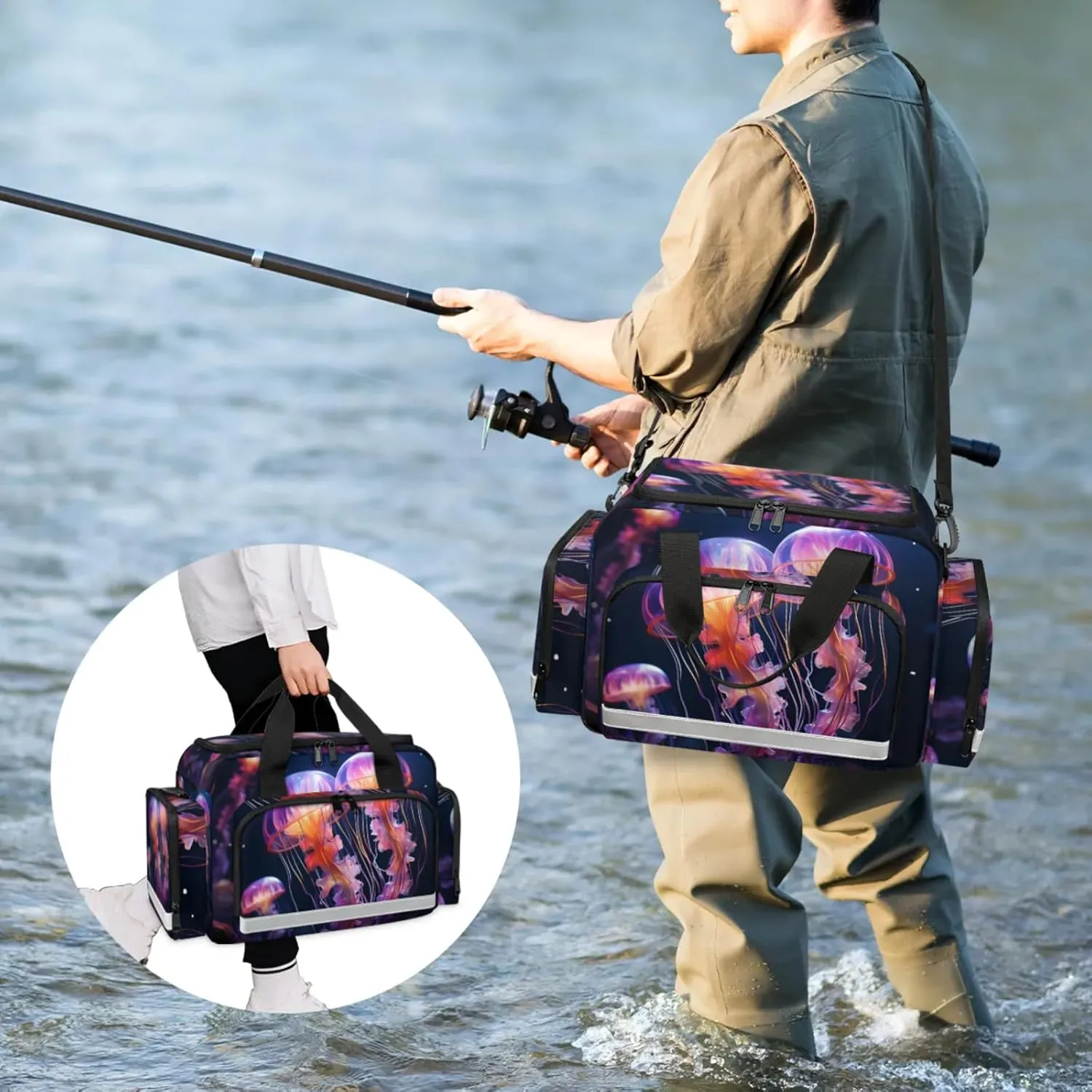 Waterproof Tactical Duffle Bag 25" Carry On Bag for EMT Tear-Resistant Gym Bag with Multi-Pocket & OSHA Reflective Travel Bags for Men Women Beautiful Jellyfish