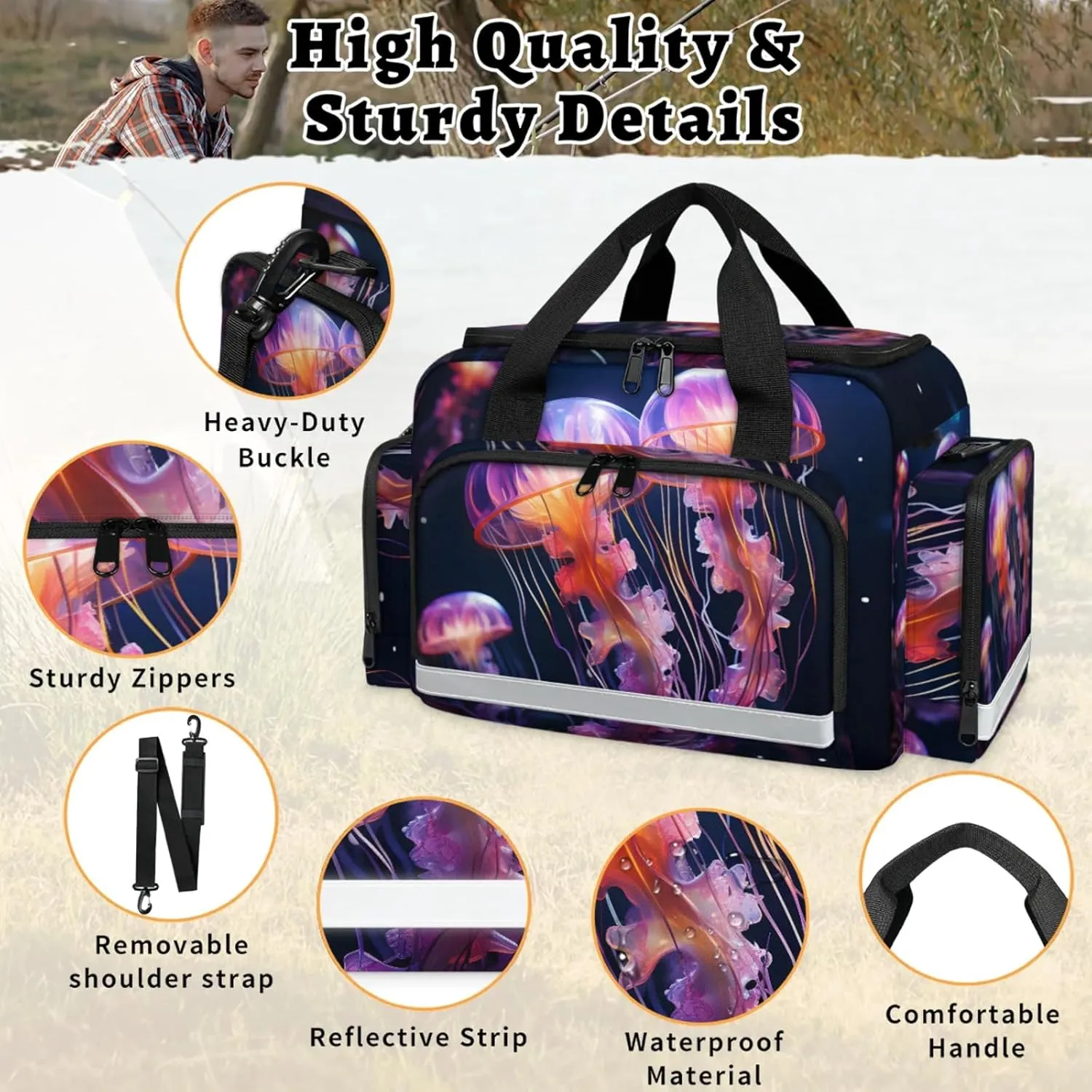 Waterproof Tactical Duffle Bag 25" Carry On Bag for EMT Tear-Resistant Gym Bag with Multi-Pocket & OSHA Reflective Travel Bags for Men Women Beautiful Jellyfish
