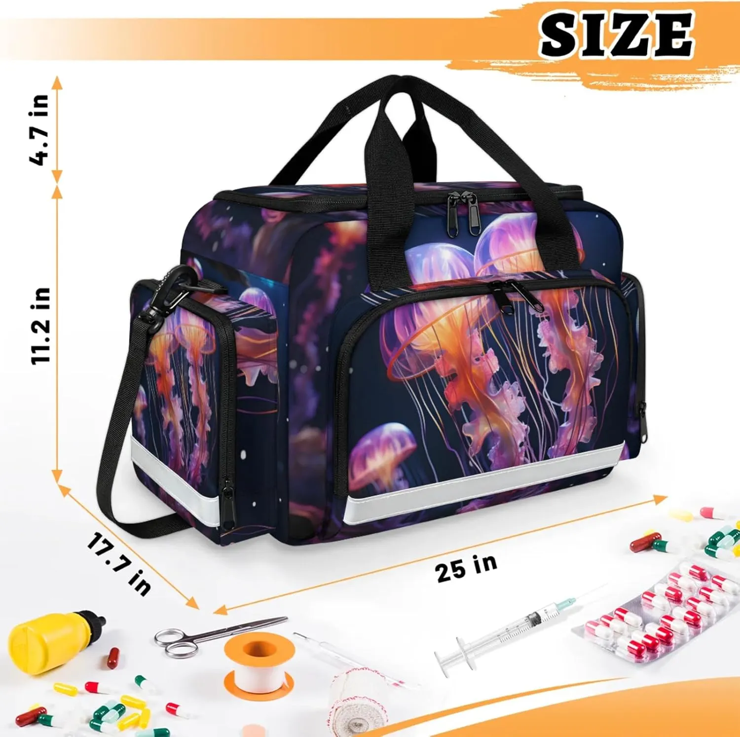 Waterproof Tactical Duffle Bag 25" Carry On Bag for EMT Tear-Resistant Gym Bag with Multi-Pocket & OSHA Reflective Travel Bags for Men Women Beautiful Jellyfish
