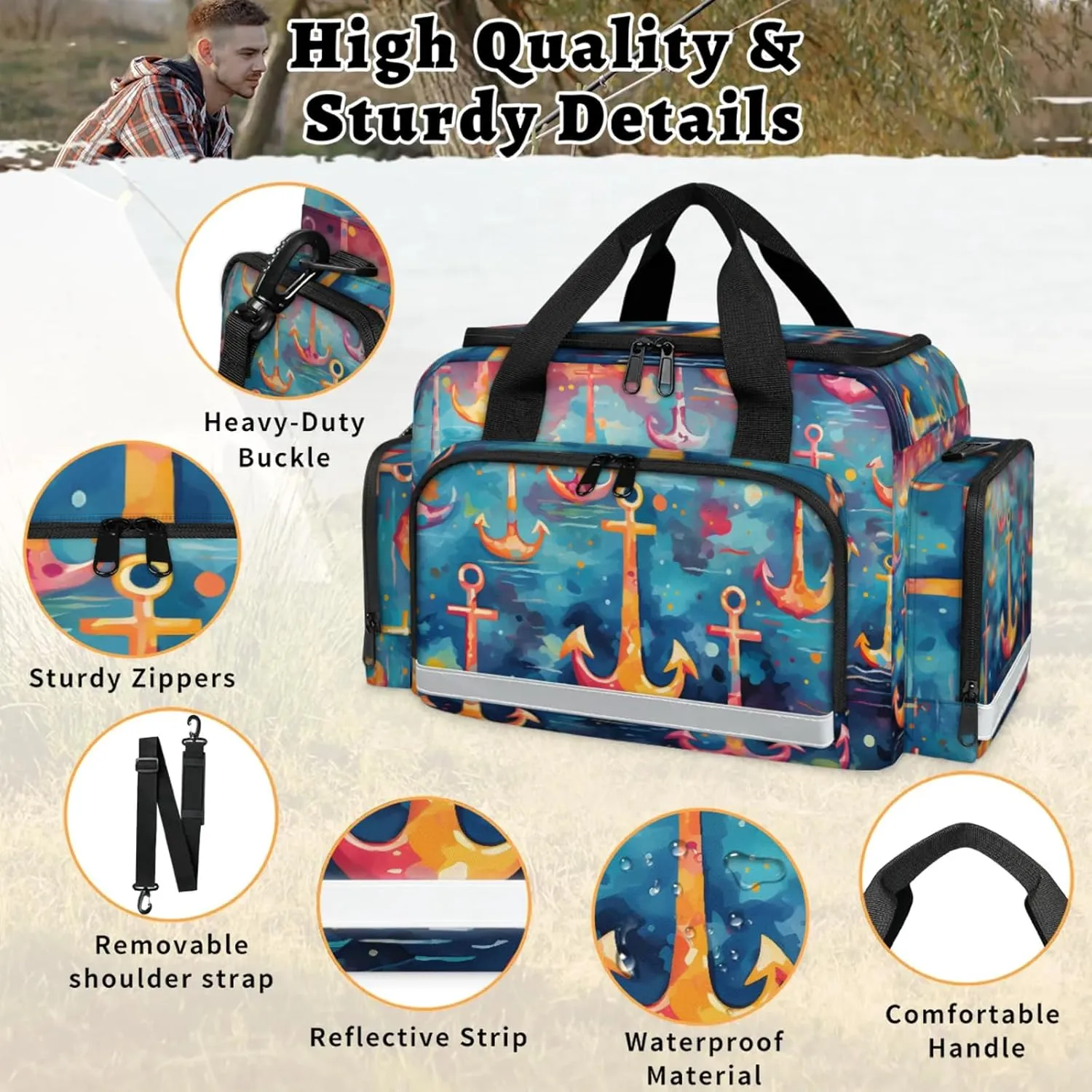Waterproof Tactical Duffle Bag 25" Carry On Bag for EMT Tear-Resistant Gym Bag with Multi-Pocket & OSHA Reflective Travel Bags for Men Women Colorful Anchors