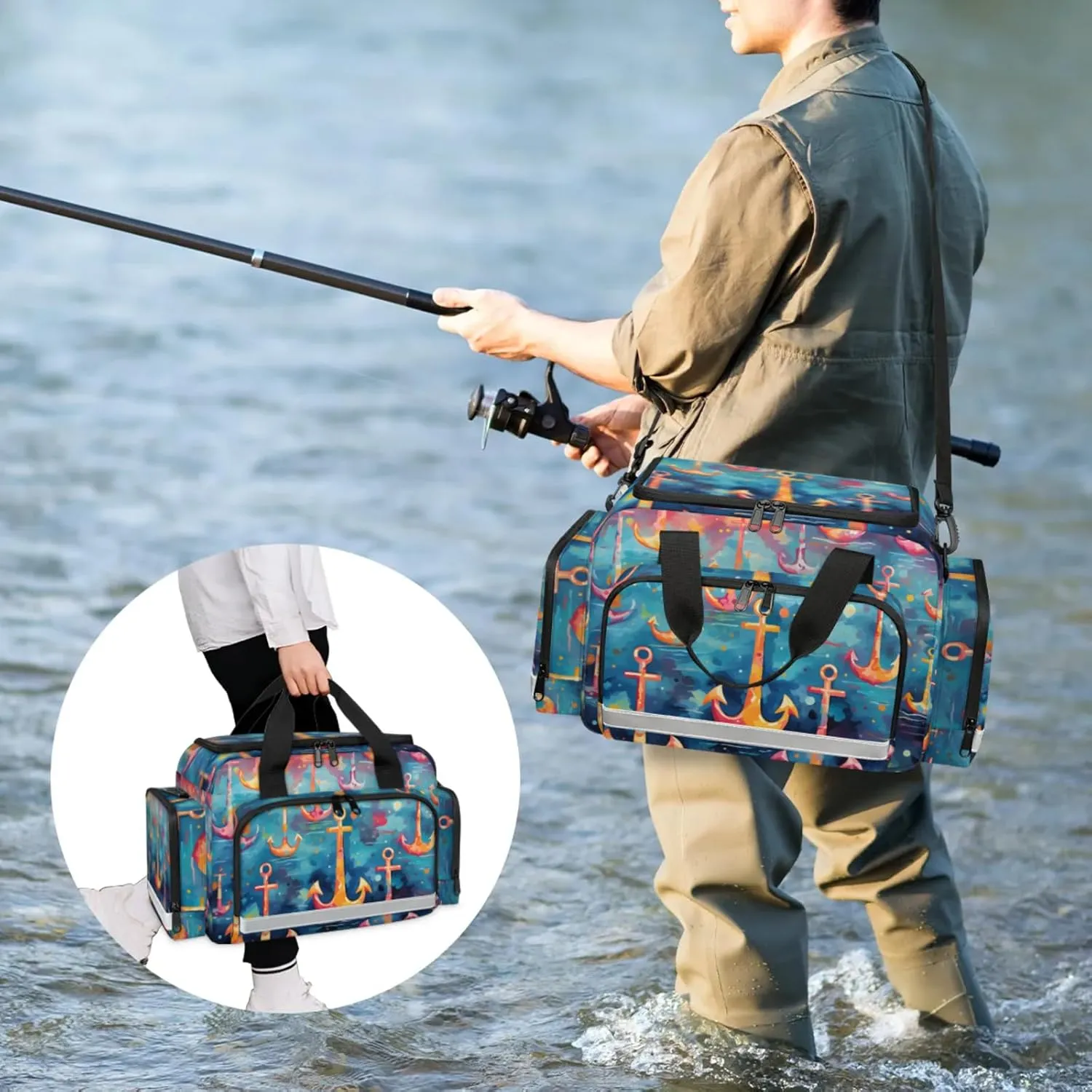 Waterproof Tactical Duffle Bag 25" Carry On Bag for EMT Tear-Resistant Gym Bag with Multi-Pocket & OSHA Reflective Travel Bags for Men Women Colorful Anchors