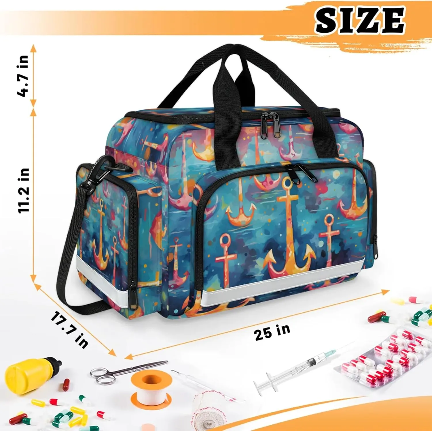 Waterproof Tactical Duffle Bag 25" Carry On Bag for EMT Tear-Resistant Gym Bag with Multi-Pocket & OSHA Reflective Travel Bags for Men Women Colorful Anchors