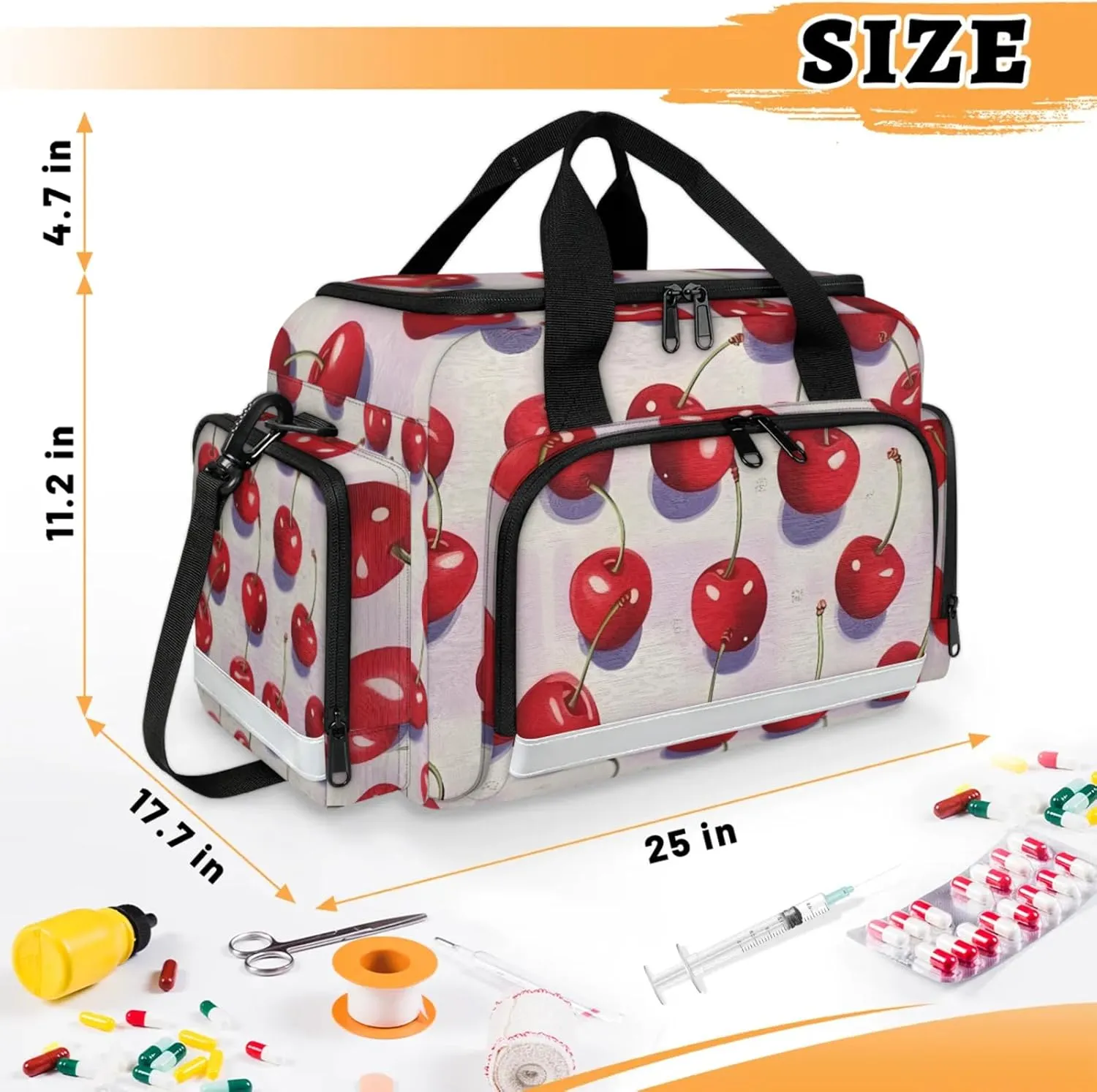 Waterproof Tactical Duffle Bag 25" Carry On Bag for EMT Tear-Resistant Gym Bag with Multi-Pocket & OSHA Reflective Travel Bags for Men Women Cute Cherry Print