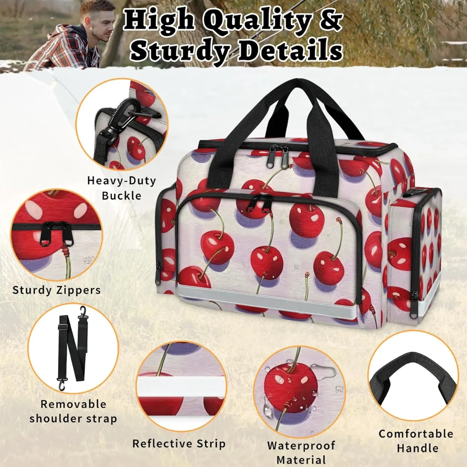 Waterproof Tactical Duffle Bag 25" Carry On Bag for EMT Tear-Resistant Gym Bag with Multi-Pocket & OSHA Reflective Travel Bags for Men Women Cute Cherry Print