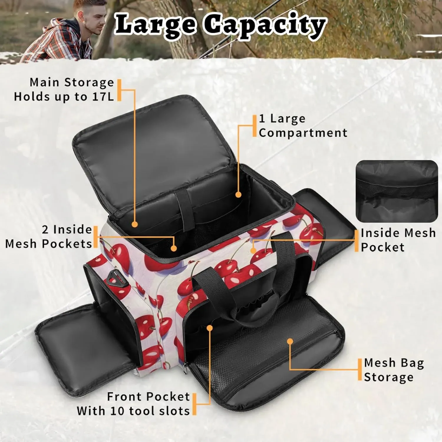 Waterproof Tactical Duffle Bag 25" Carry On Bag for EMT Tear-Resistant Gym Bag with Multi-Pocket & OSHA Reflective Travel Bags for Men Women Cute Cherry Print
