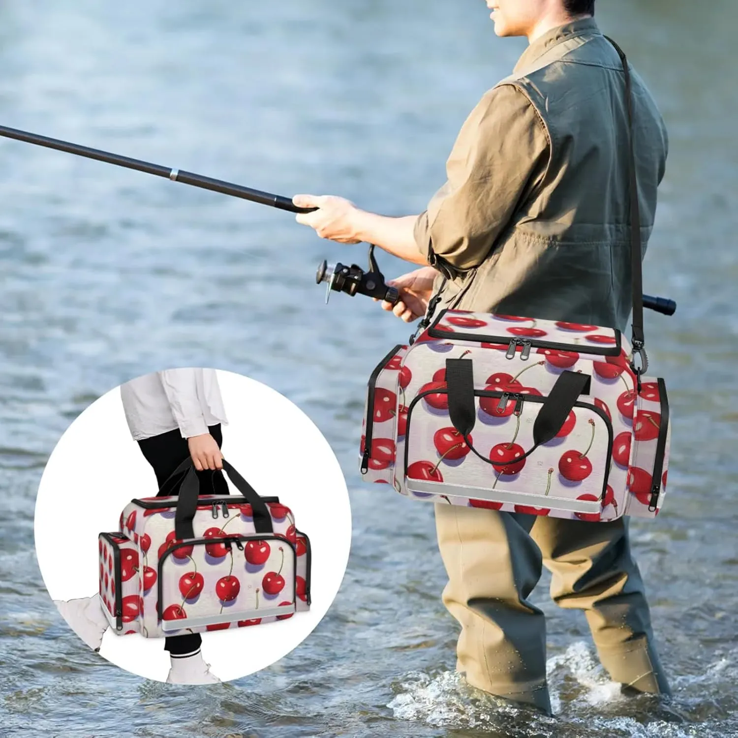 Waterproof Tactical Duffle Bag 25" Carry On Bag for EMT Tear-Resistant Gym Bag with Multi-Pocket & OSHA Reflective Travel Bags for Men Women Cute Cherry Print