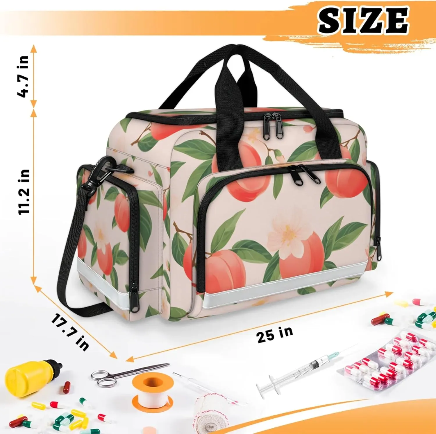 Waterproof Tactical Duffle Bag 25" Carry On Bag for EMT Tear-Resistant Gym Bag with Multi-Pocket & OSHA Reflective Travel Bags for Men Women Cute Peaches