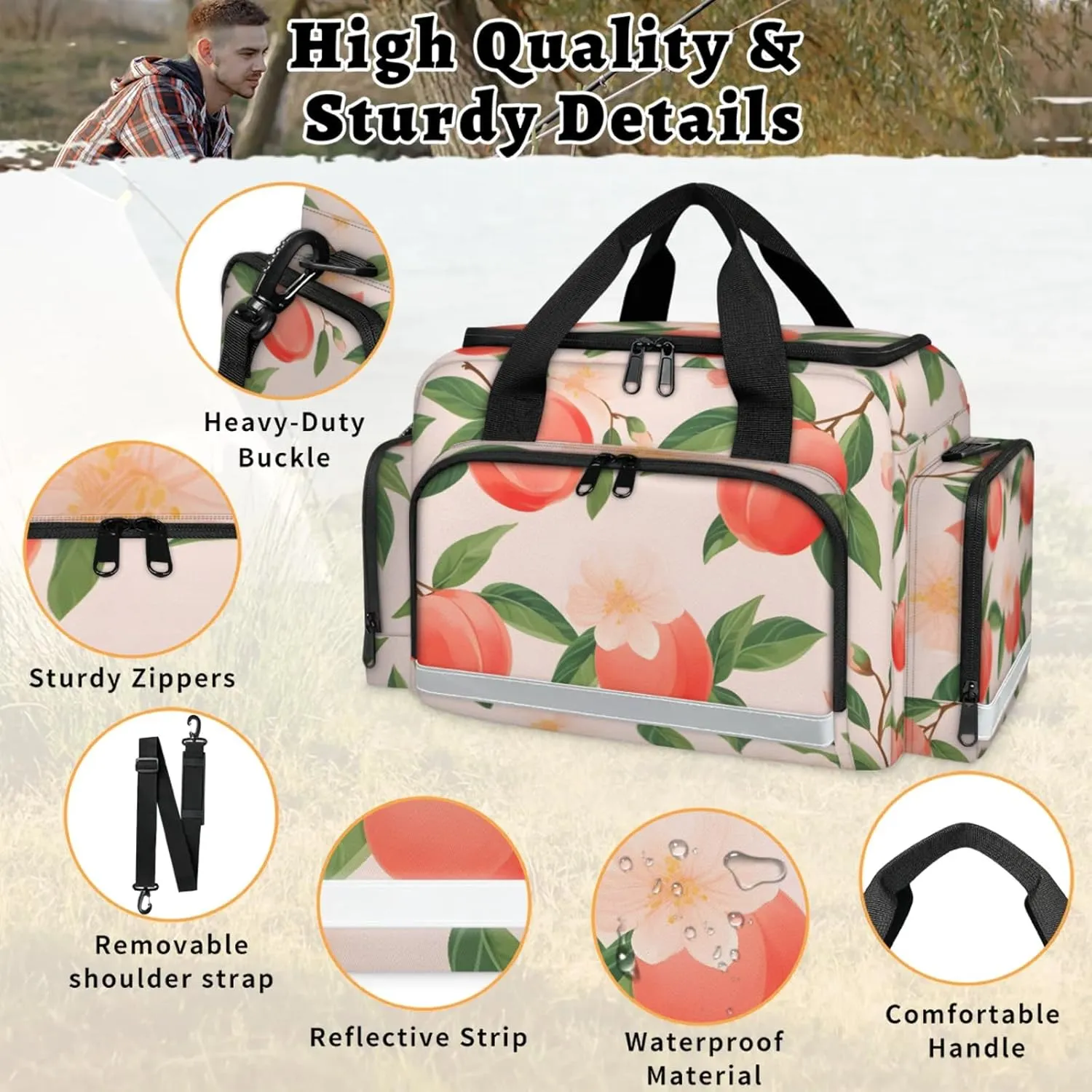 Waterproof Tactical Duffle Bag 25" Carry On Bag for EMT Tear-Resistant Gym Bag with Multi-Pocket & OSHA Reflective Travel Bags for Men Women Cute Peaches