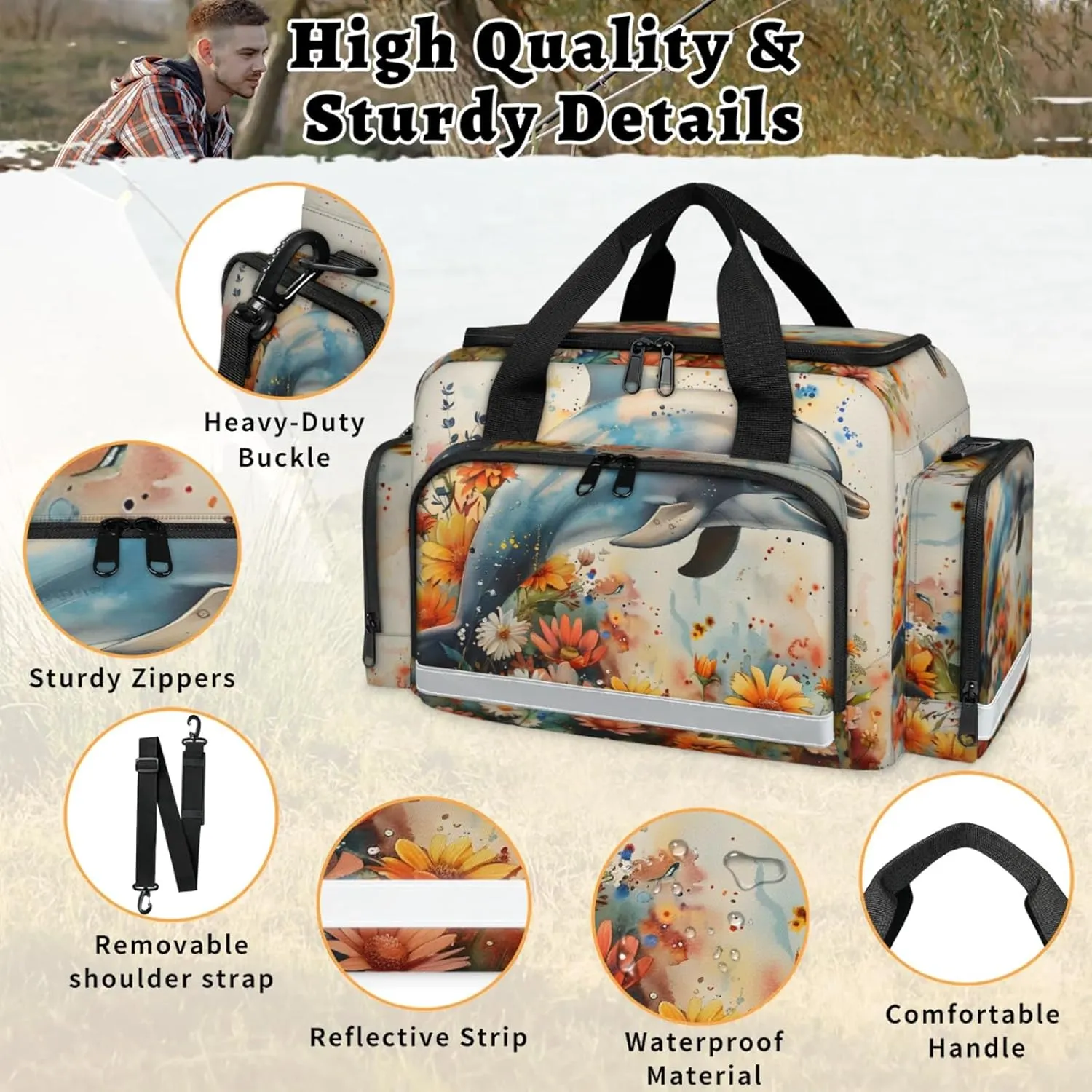 Waterproof Tactical Duffle Bag 25" Carry On Bag for EMT Tear-Resistant Gym Bag with Multi-Pocket & OSHA Reflective Travel Bags for Men Women Dolphins Flowers