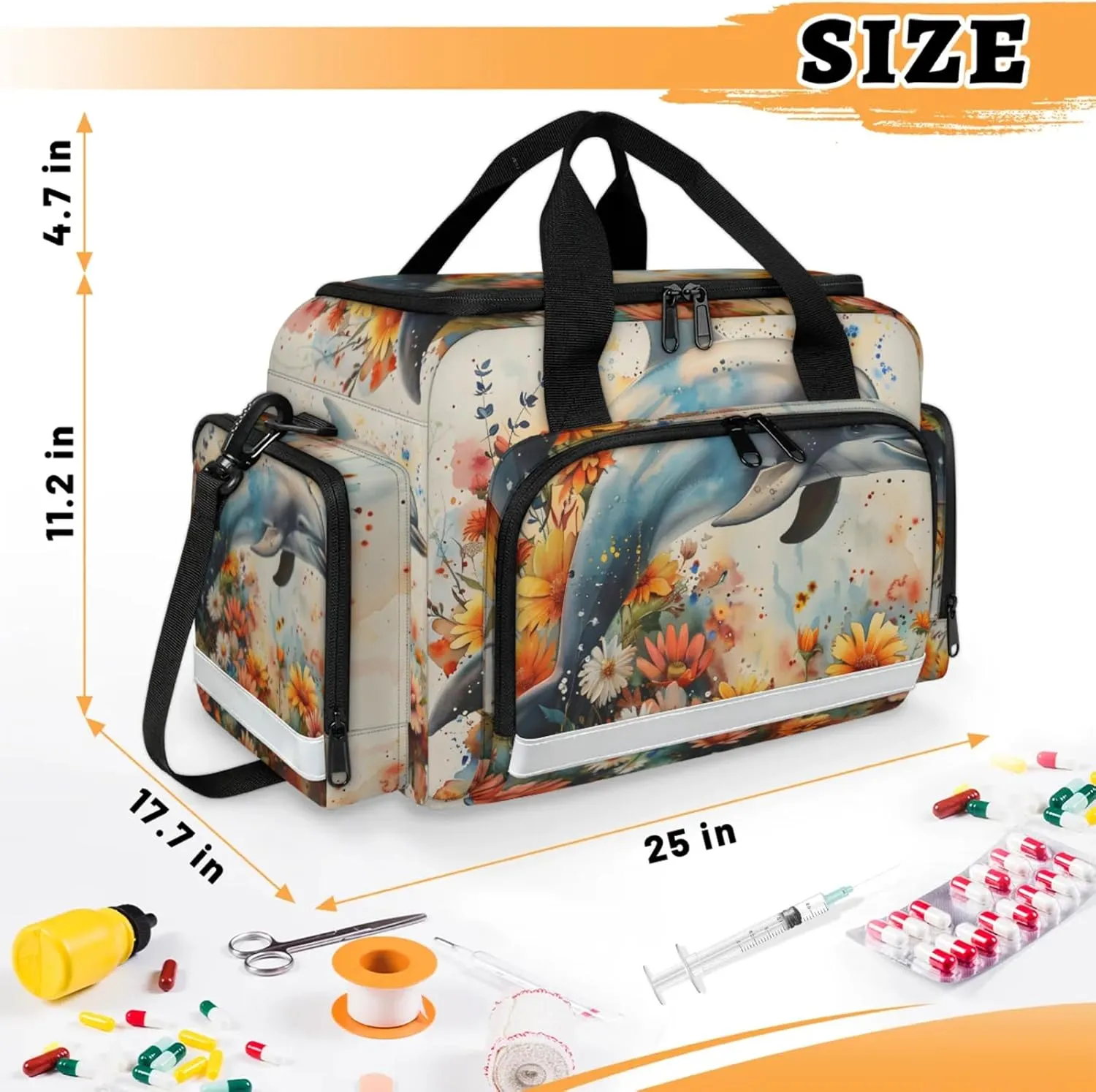 Waterproof Tactical Duffle Bag 25" Carry On Bag for EMT Tear-Resistant Gym Bag with Multi-Pocket & OSHA Reflective Travel Bags for Men Women Dolphins Flowers