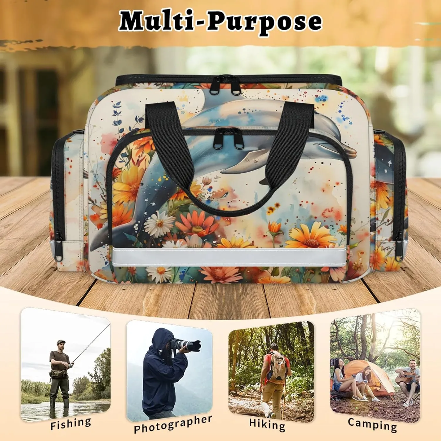 Waterproof Tactical Duffle Bag 25" Carry On Bag for EMT Tear-Resistant Gym Bag with Multi-Pocket & OSHA Reflective Travel Bags for Men Women Dolphins Flowers