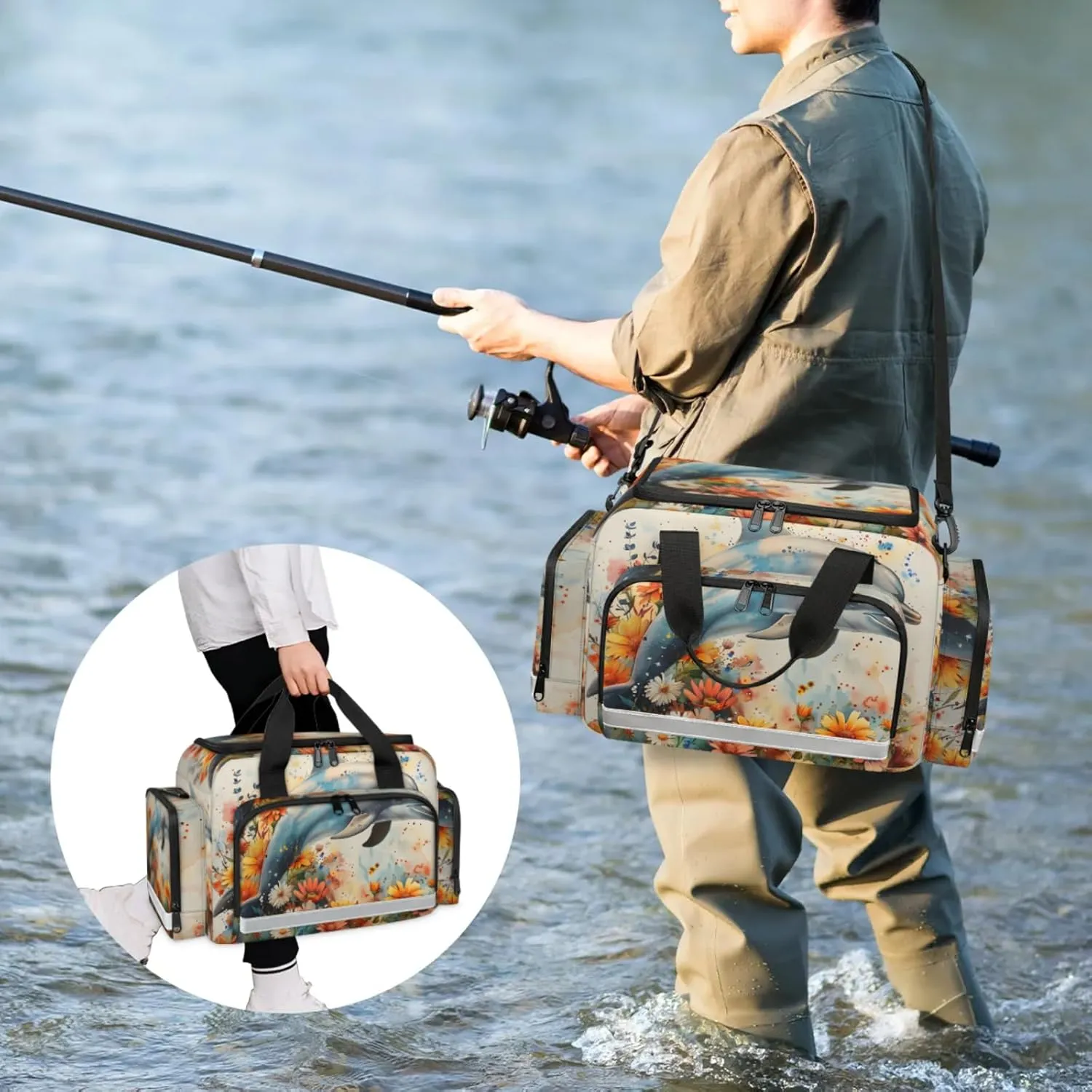 Waterproof Tactical Duffle Bag 25" Carry On Bag for EMT Tear-Resistant Gym Bag with Multi-Pocket & OSHA Reflective Travel Bags for Men Women Dolphins Flowers